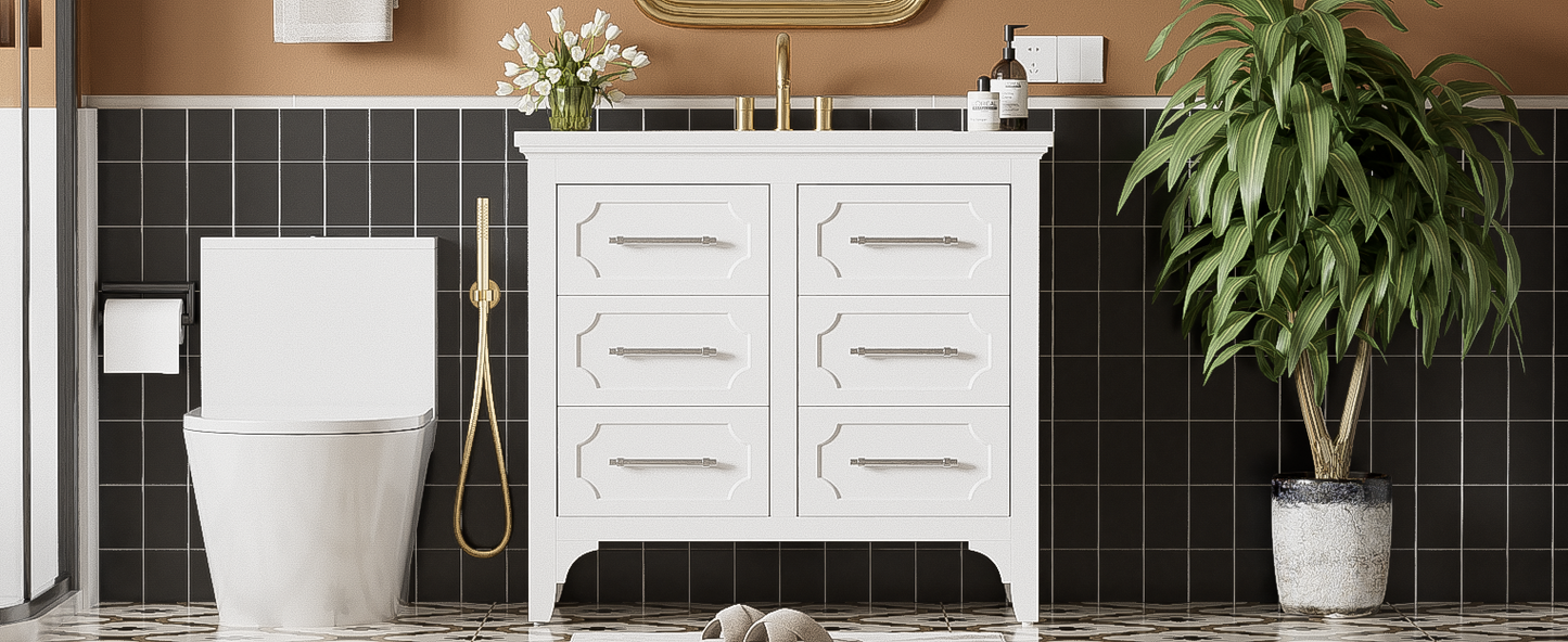 36'' Bathroom Vanity with Resin Sink Combo, Free Standing Single Vanity Set with Four Drawers, Solid Wood Frame Bathroom Storage Cabinet