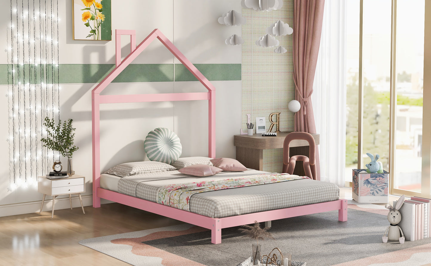 Full Size Wood Platform Bed with House-shaped Headboard (Pink)