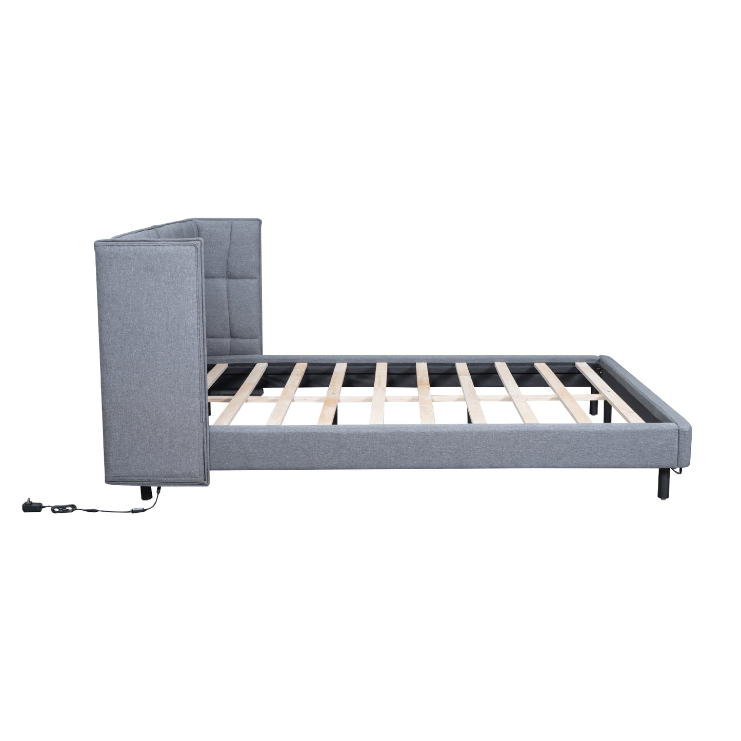 Queen Size Upholstered Platform Bed with LED Lights and U-Shaped Headboard, Linen Fabric, Gray