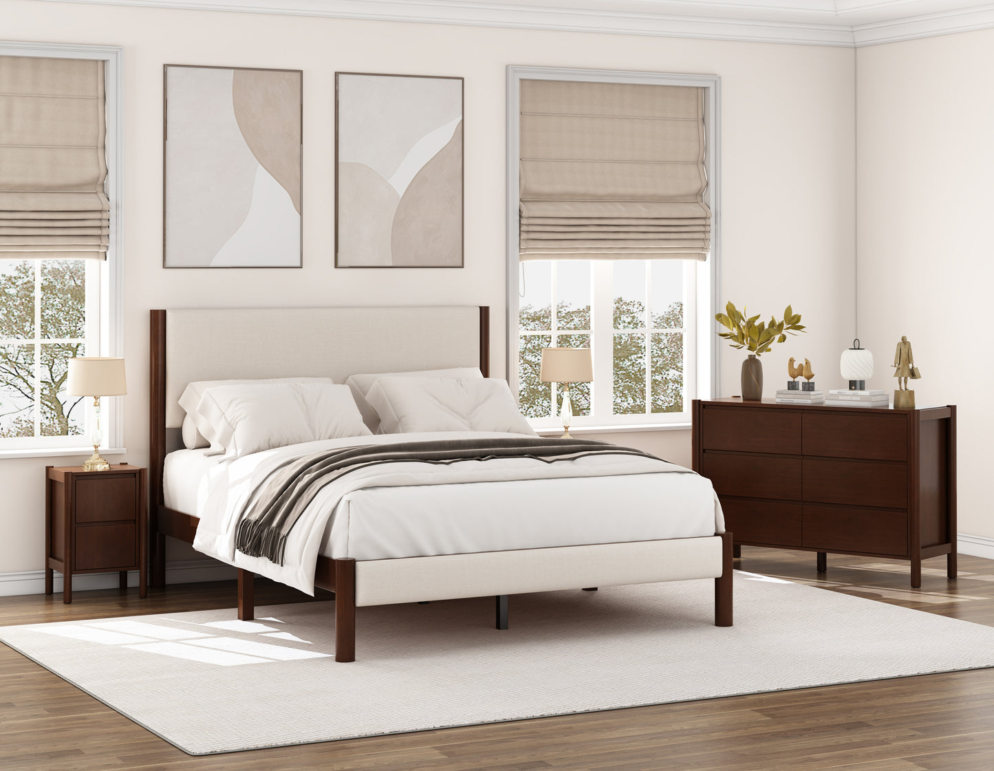 4 Pieces Bedroom Sets Mid Century Modern Upholestery Walnut Wood Frame Queen Platform Bed with Two Nightstands and Dresser