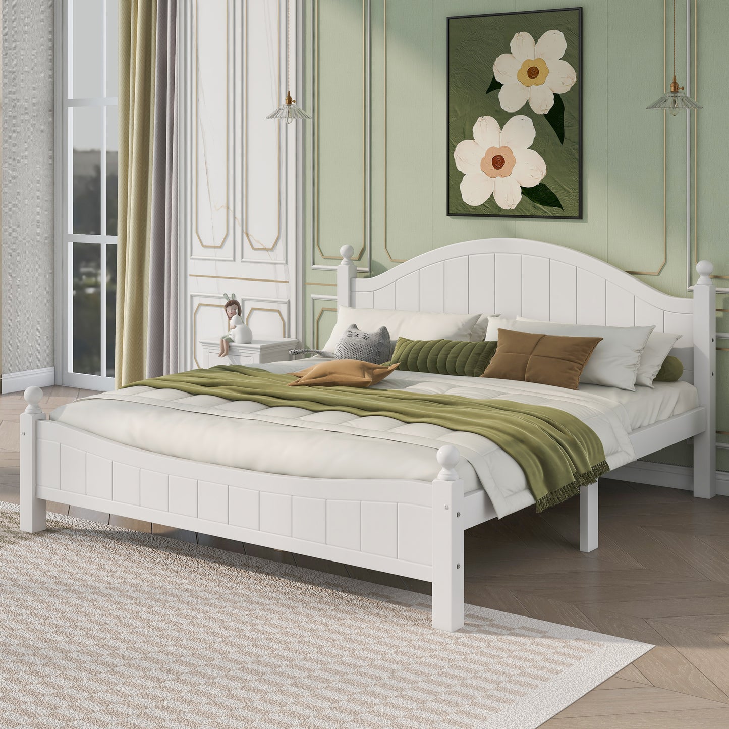 6 Pieces Traditional Concise Style White Bedroom Sets, Nightstand*2+ Chest+ Dresser+ Mirror+ King Bed