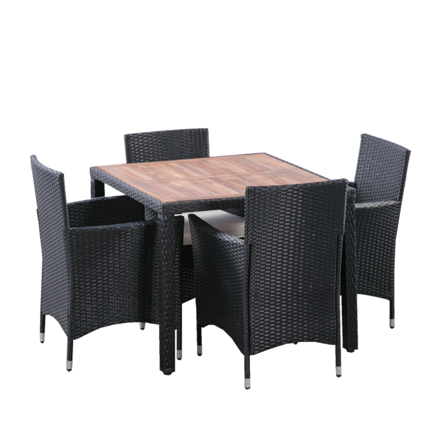EELIFEE 5 piece Outdoor Patio Wicker Dining Set Patio Wicker Furniture Dining Set w/Acacia Wood Top Black Wicker + Creme Cushion