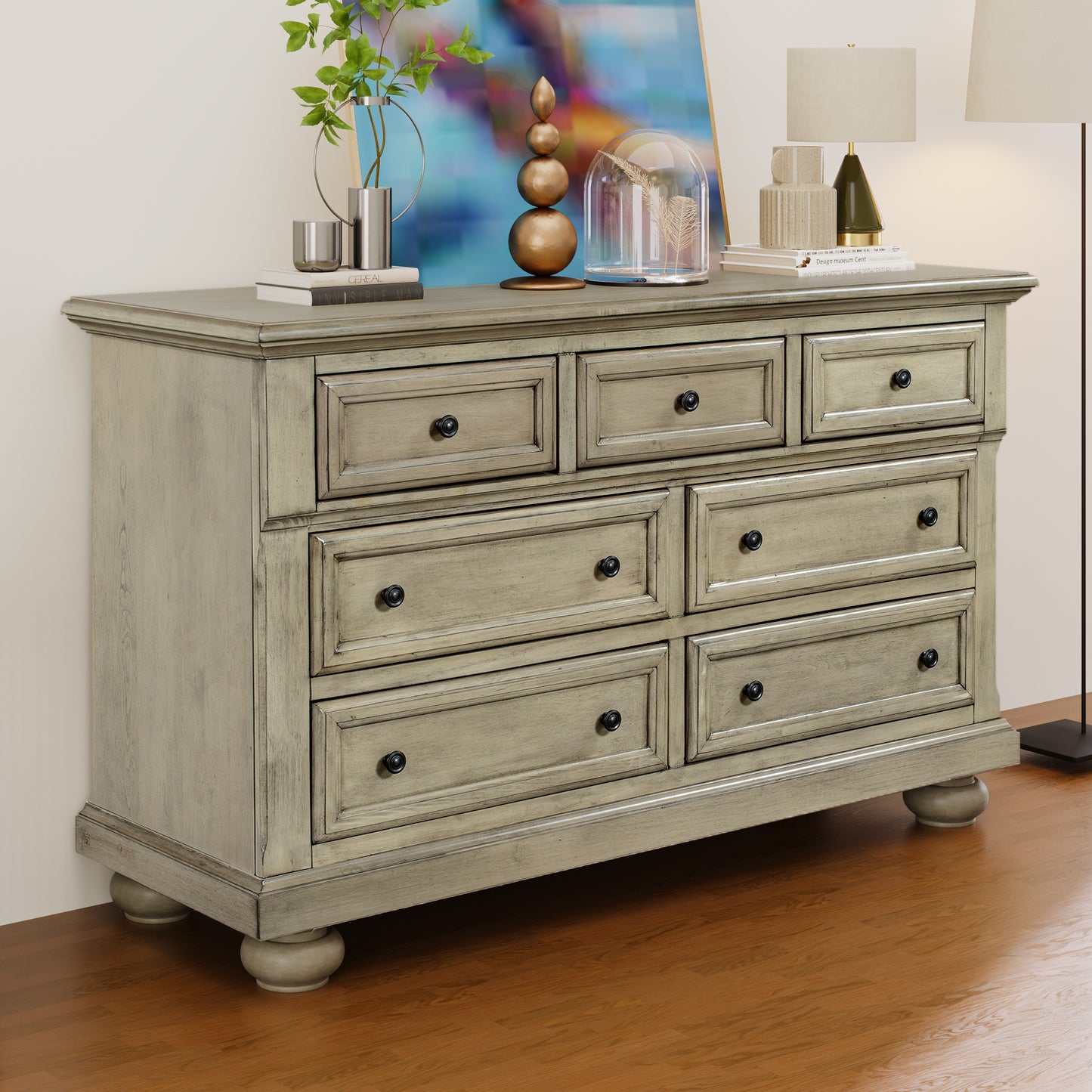Solid Wood Seven-Drawer Dresser with Changing Topper for Nursery, Kid's Room, Bedroom, Stone Gray