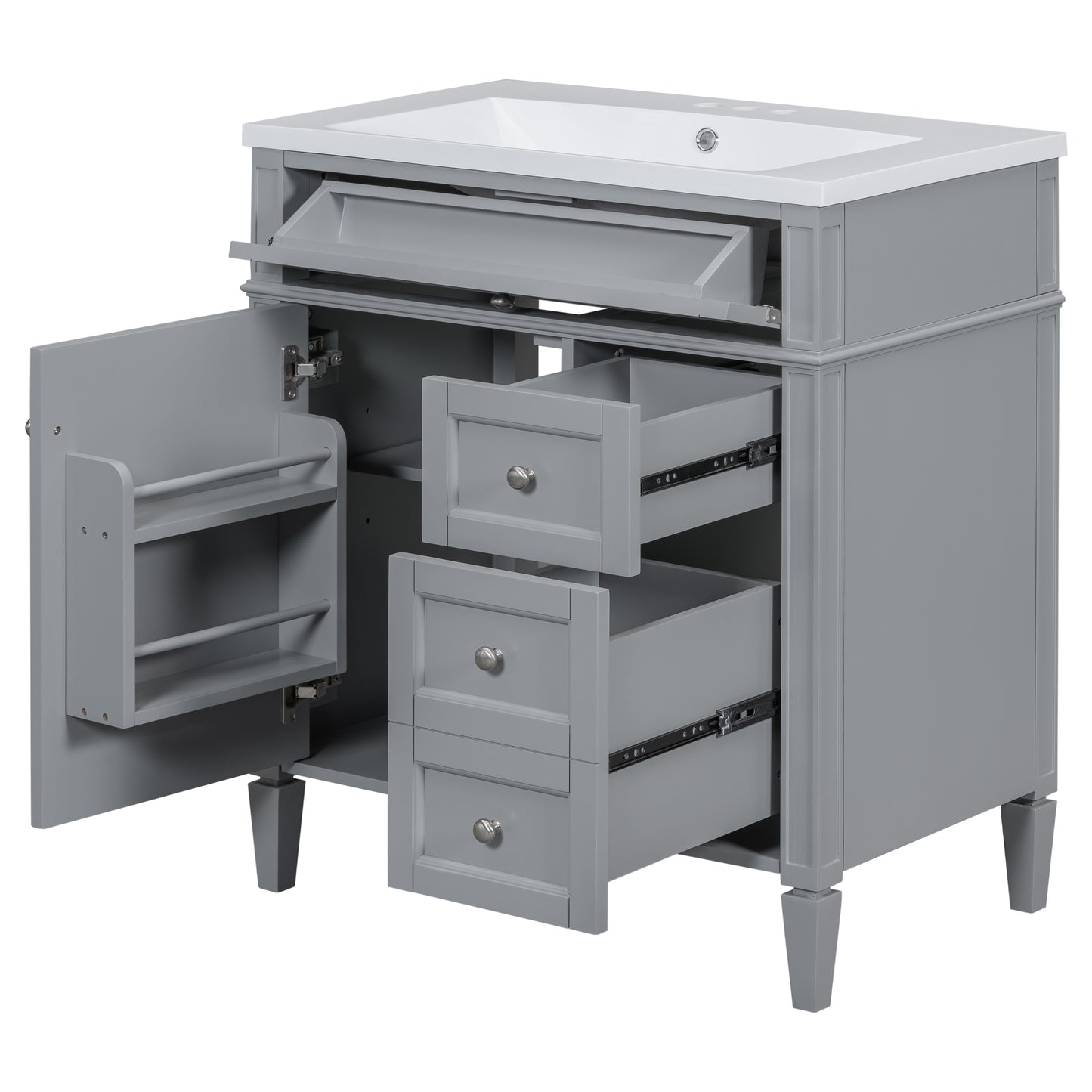 30'' Bathroom Vanity with Top Sink, Modern Bathroom Storage Cabinet with 2 Drawers and a Tip-out Drawer, Freestanding Vanity Set with Mirror Cabinet, Single Sink Bathroom Vanity