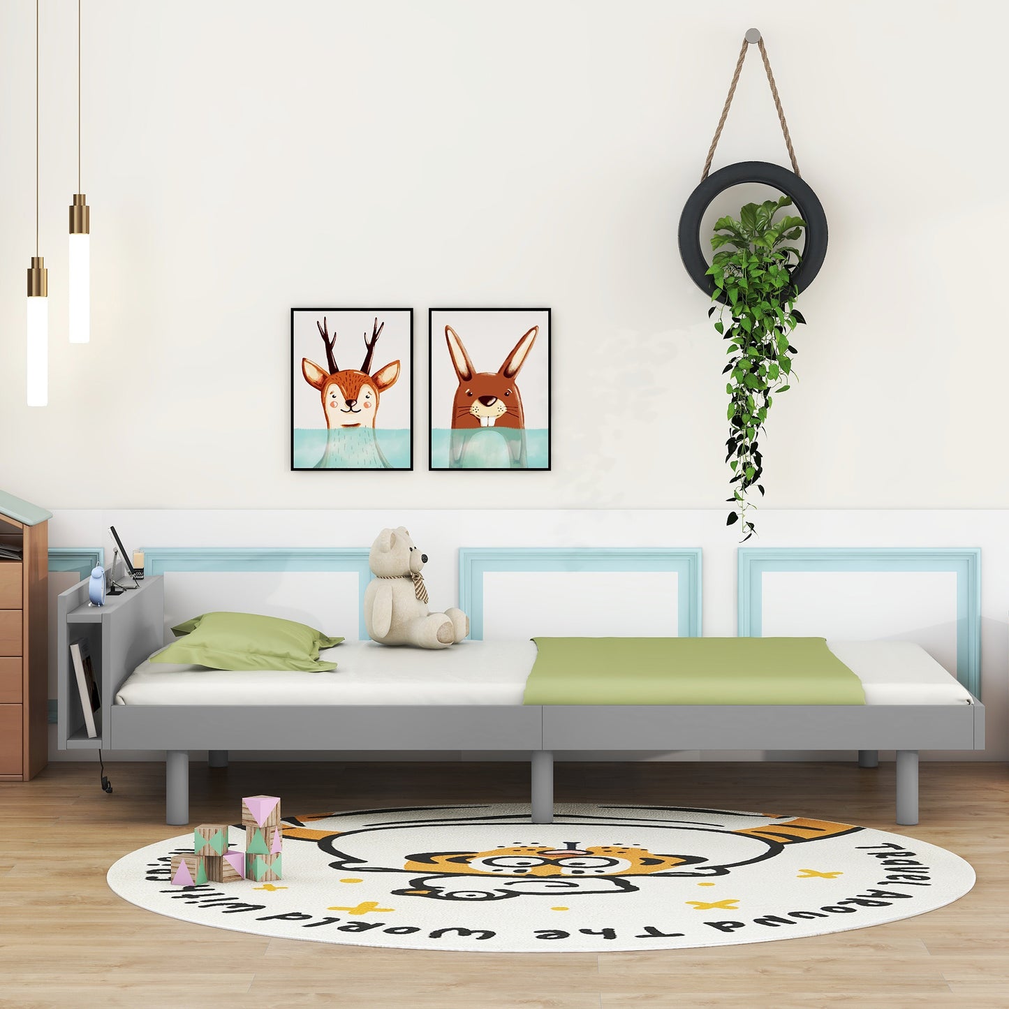 Modern Design Twin Size Platform Bed Frame with Headboard for Grey Color