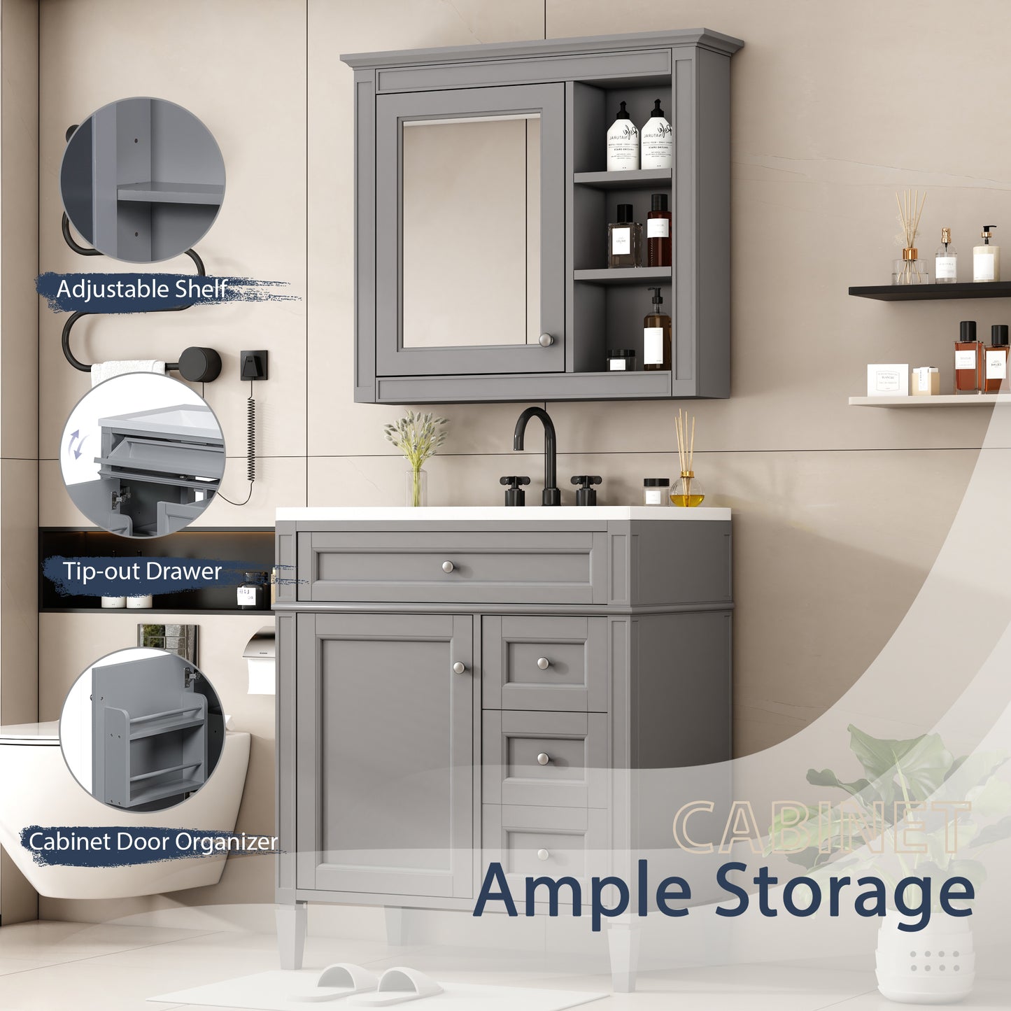 30'' Bathroom Vanity with Top Sink, Modern Bathroom Storage Cabinet with 2 Drawers and a Tip-out Drawer, Freestanding Vanity Set with Mirror Cabinet, Single Sink Bathroom Vanity