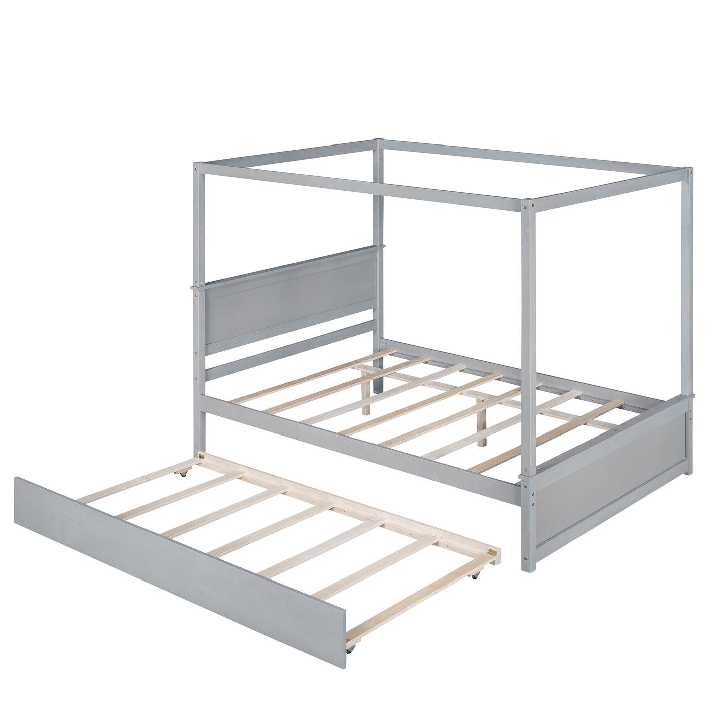 Wood Canopy Bed with Trundle Bed ,Full Size Canopy Platform bed With Support Slats .No Box Spring Needed, Brushed Gray