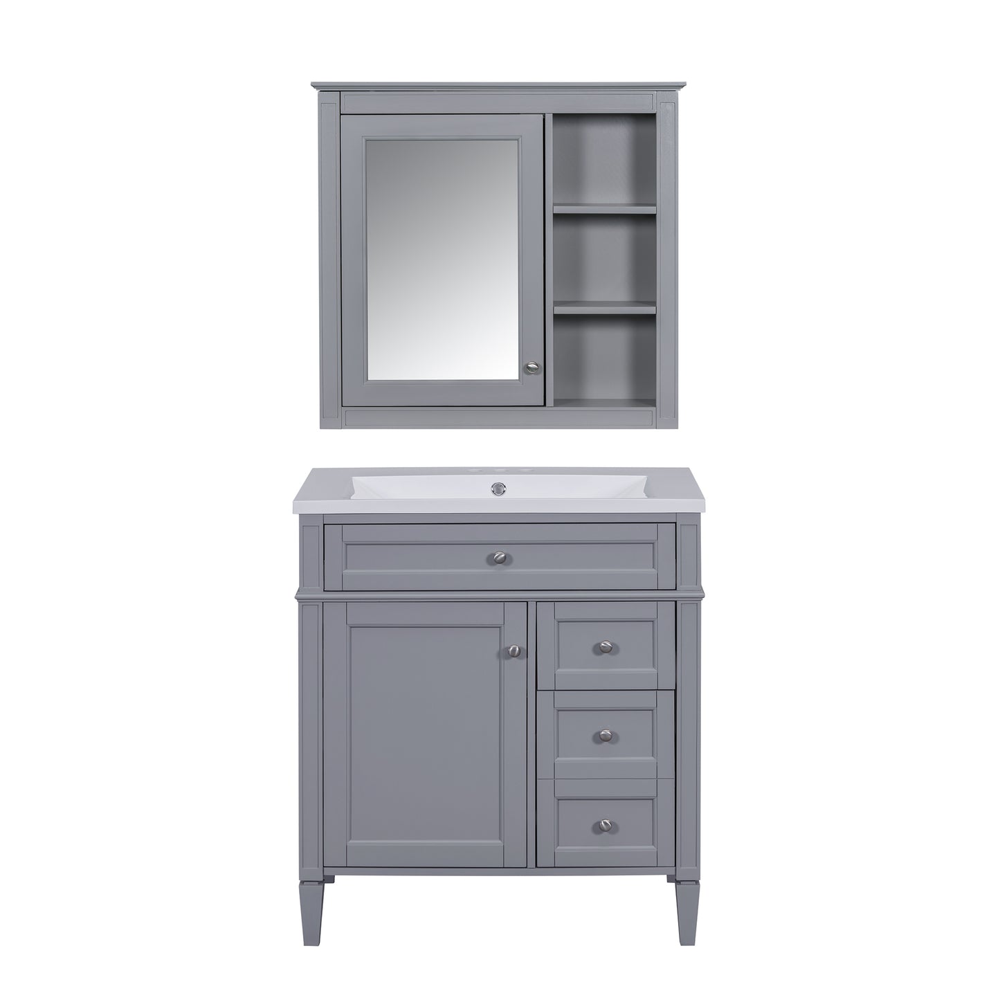 30'' Bathroom Vanity with Top Sink, Modern Bathroom Storage Cabinet with 2 Drawers and a Tip-out Drawer, Freestanding Vanity Set with Mirror Cabinet, Single Sink Bathroom Vanity