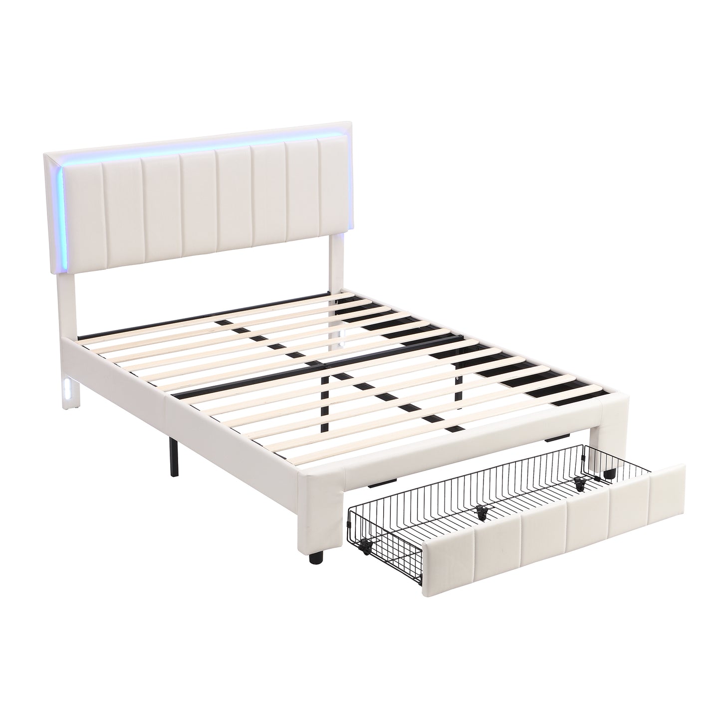 3-Pieces Bedroom Sets,Queen Size Upholstered Bed with LED Lights and Motion Activated Night Lights,Two Nightstands with USB Charging Station and LED lights,White