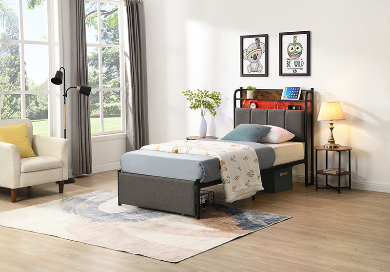 Twin Bed Frame, Storage Headboard with Charging Station, Solid and Stable, Noise Free, No Box Spring Needed, Easy Assembly
