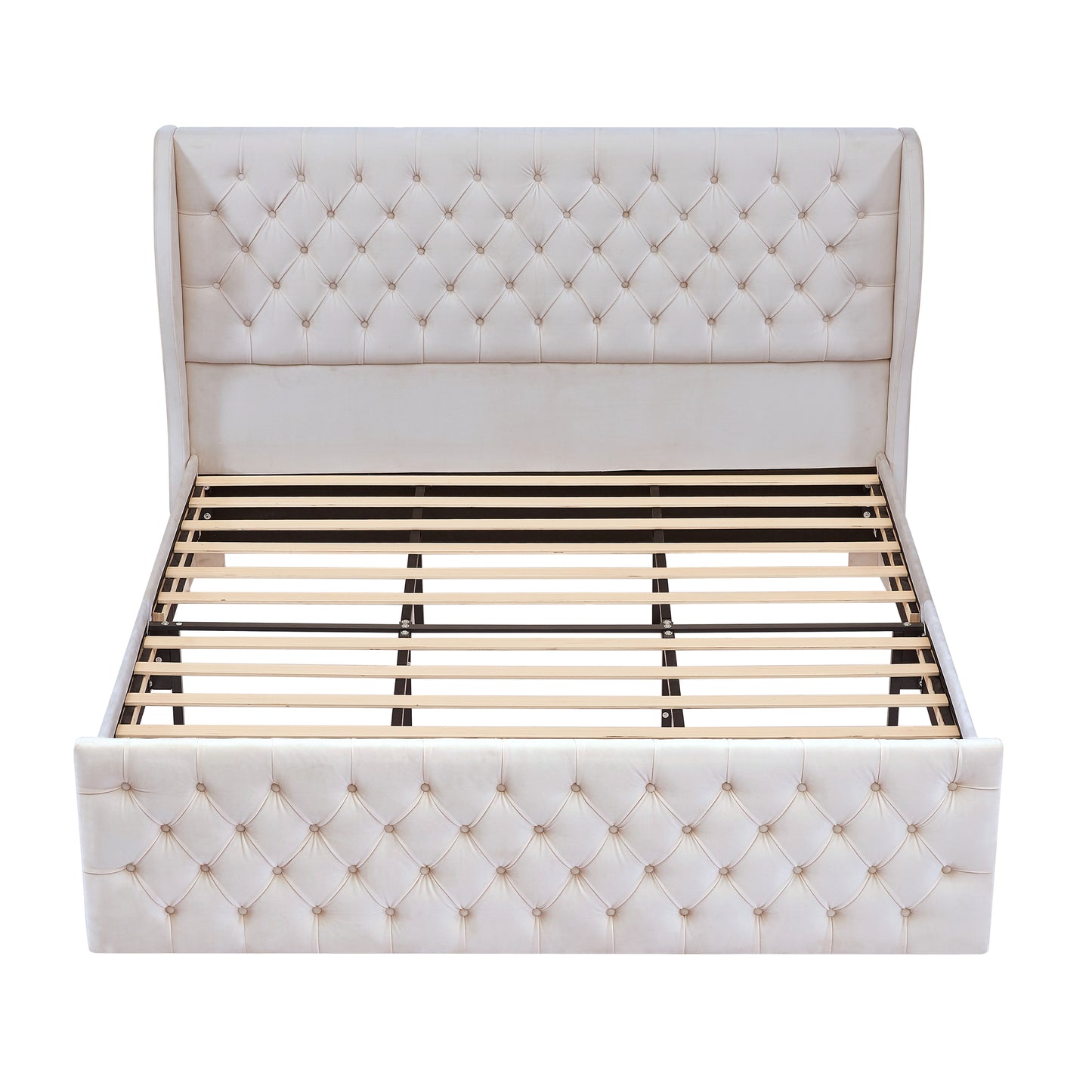 King Size Platform Bed Frame, Velvet Upholstered Sleigh Bed with Scroll Wingback Headboard & Footboard/Button Tufted/No Box Spring Required/Easy Assembly-White