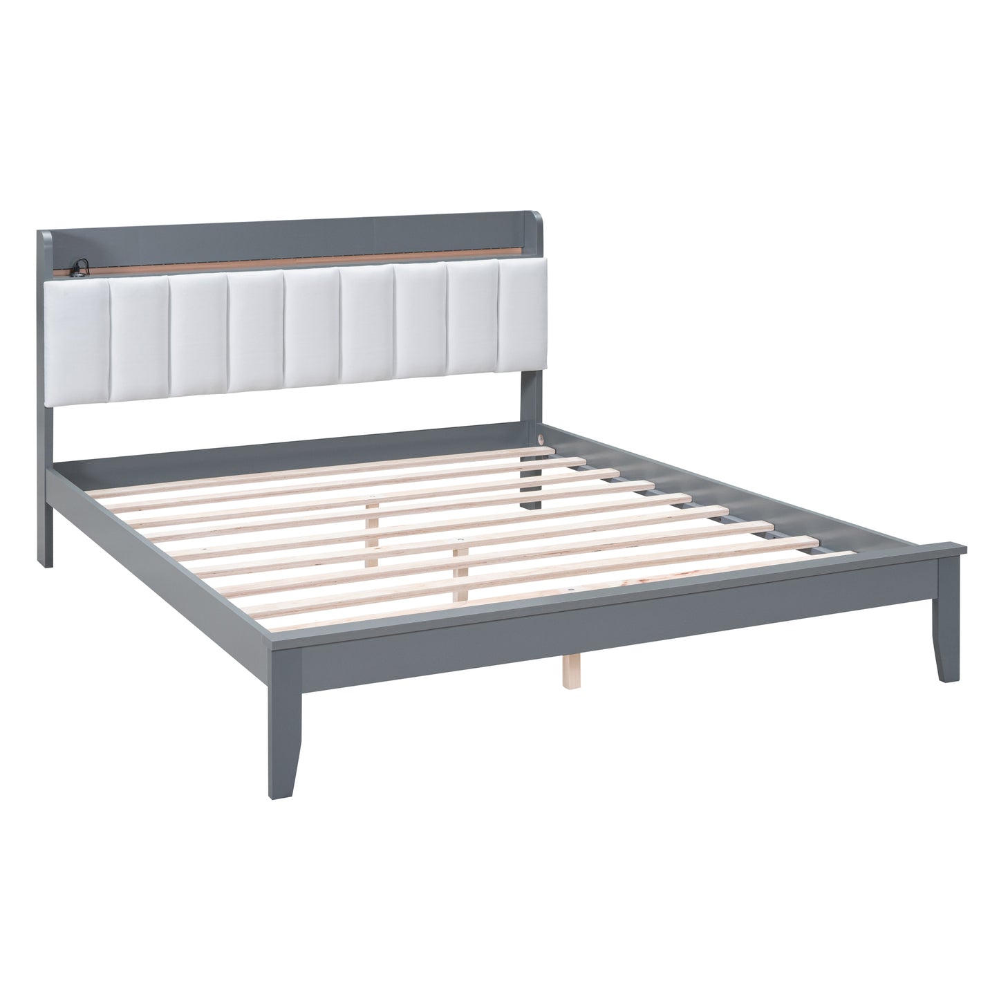 3-Pieces Bedroom Sets,Queen Size Wood Platform Bed and Two Nightstands,Storage Platform bed with USB and LED Lights-Gray+White