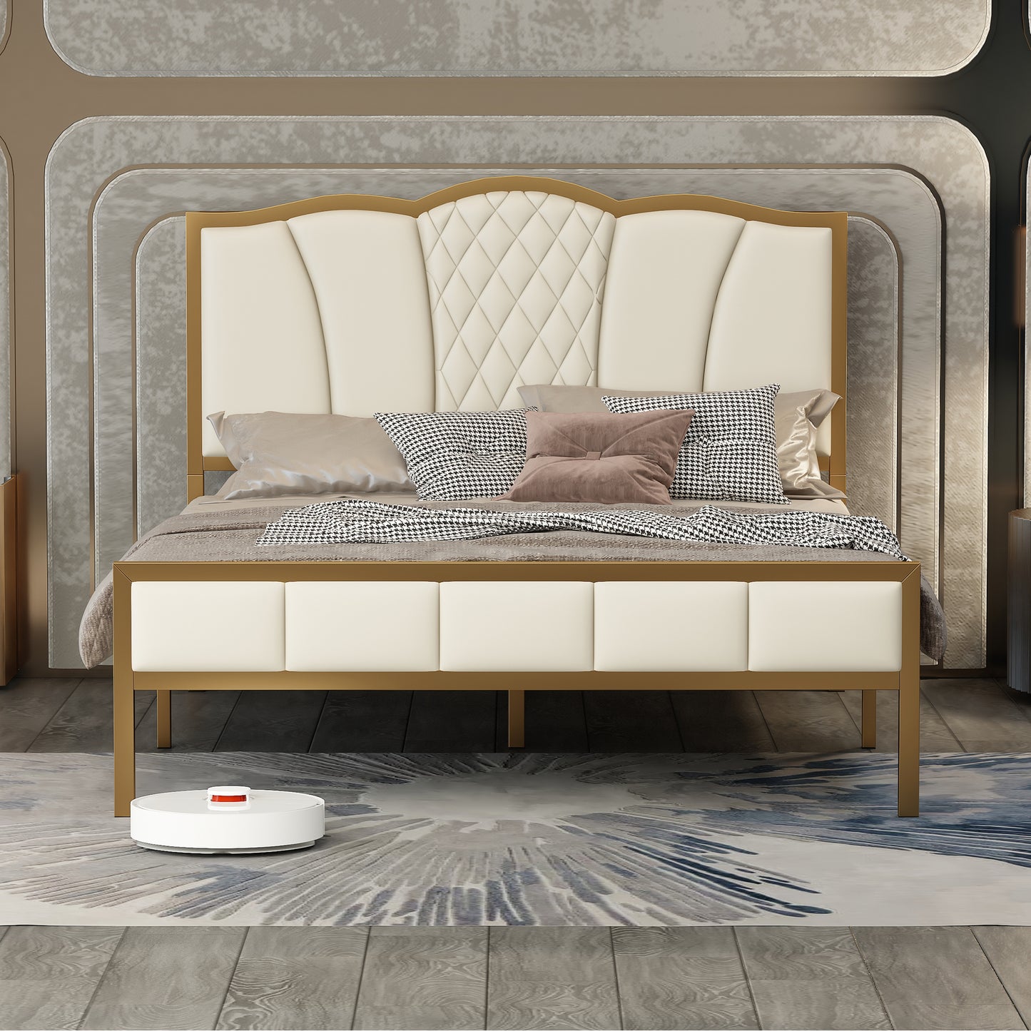 Full Size Bed Frame, Modern Upholstered Bed Frame with Tufted Headboard, Golden Metal Platform Bed Frame with Wood Slat Support, Noise Free, No Box Spring Needed,Beige