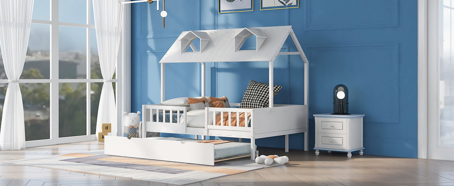Full Size House Bed Wood Bed with Twin Size Trundle ( White )