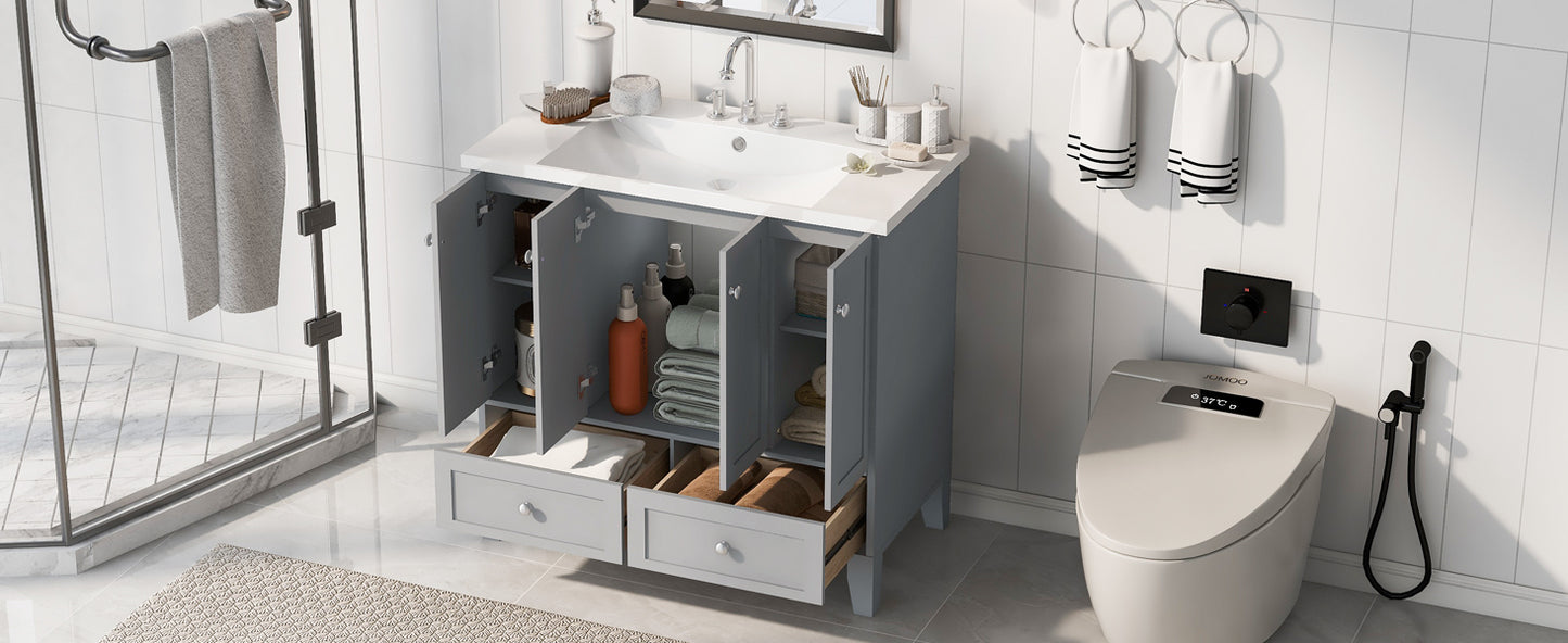 36'' Bathroom Vanity with Resin Sink Combo,Solid Wood Frame Bathroom Storage Cabinet, Freestanding Vanity Set with 4 Soft Closing Doors& 2 Drawers