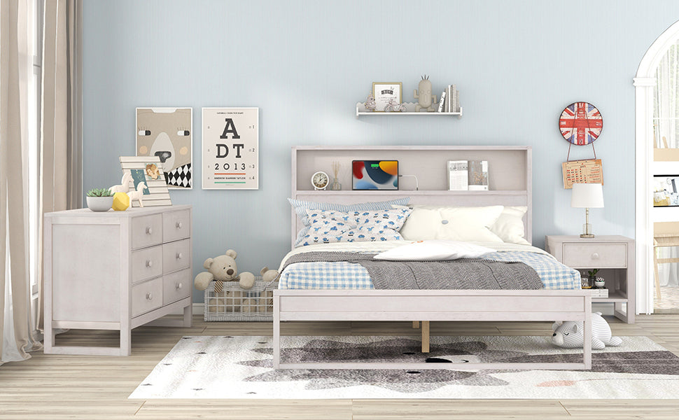 3-Pieces Bedroom Sets Queen Size Platform Bed with Nightstand and Dresser,Antique White
