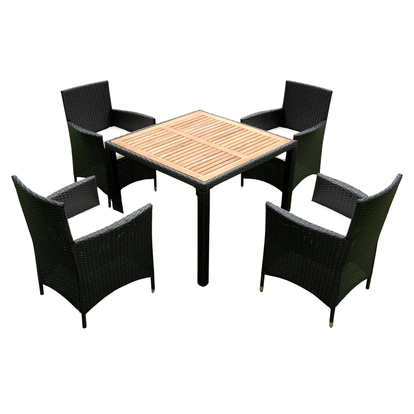 EELIFEE 5 piece Outdoor Patio Wicker Dining Set Patio Wicker Furniture Dining Set w/Acacia Wood Top Black Wicker + Creme Cushion