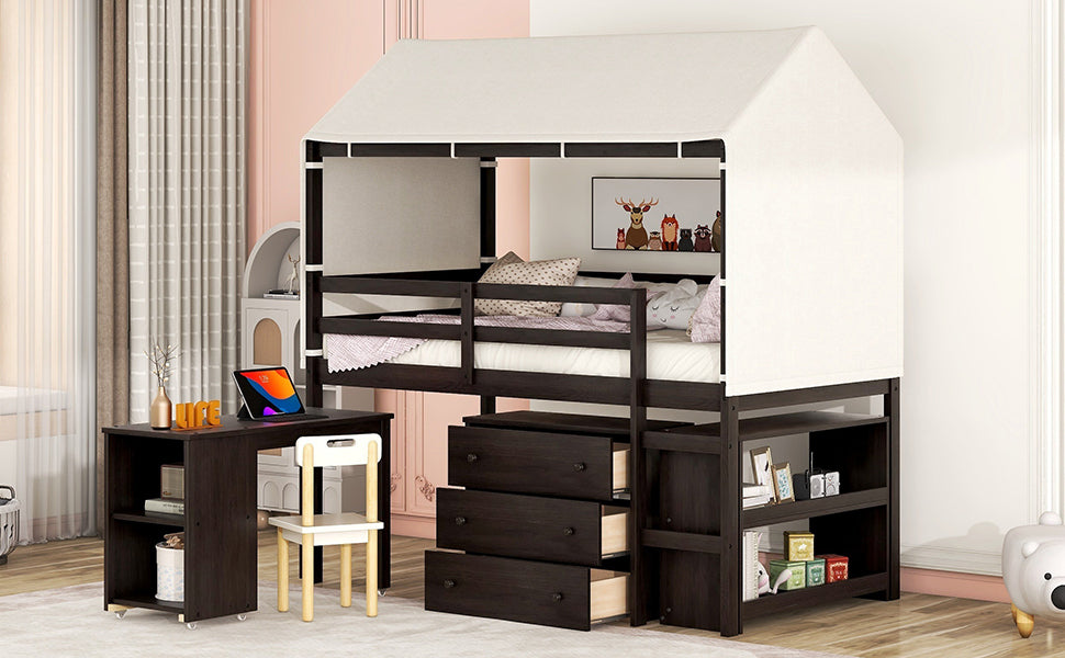 Twin Size Loft Bed with Rolling Cabinet, Shelf and Tent - Espresso