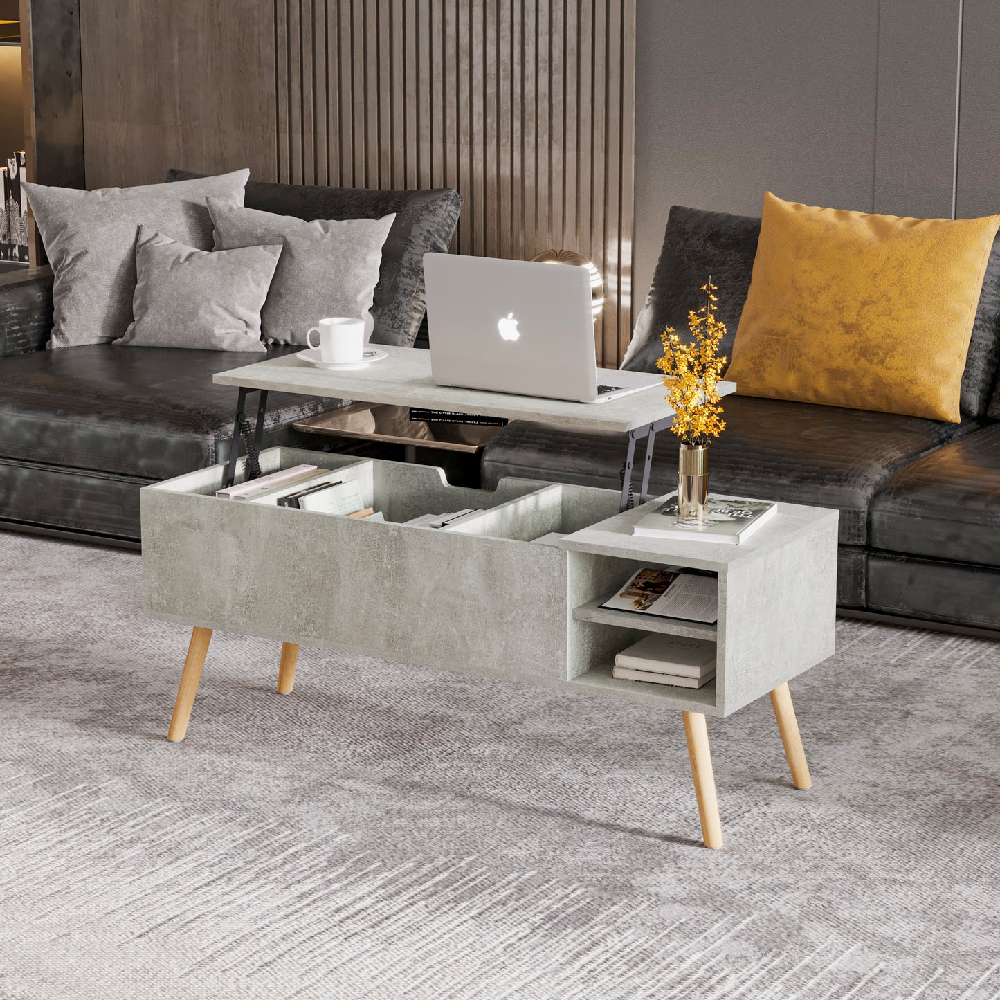 Solid wood legsCoffee Table,Accent Furniture Home Decor,Open Storage Shelf,Storage Coffee Table with Hidden Compartment and Adjustable Storage Shelf,LiftTabletopDiningTable for Living room Light Gray