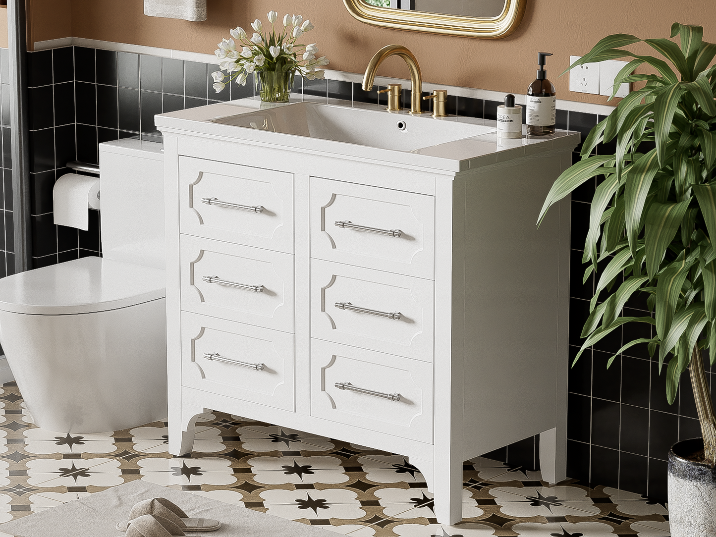 36'' Bathroom Vanity with Resin Sink Combo, Free Standing Single Vanity Set with Four Drawers, Solid Wood Frame Bathroom Storage Cabinet