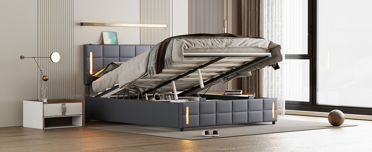 Full Size Upholstered Bed with Hydraulic Storage System and LED Light, Gray