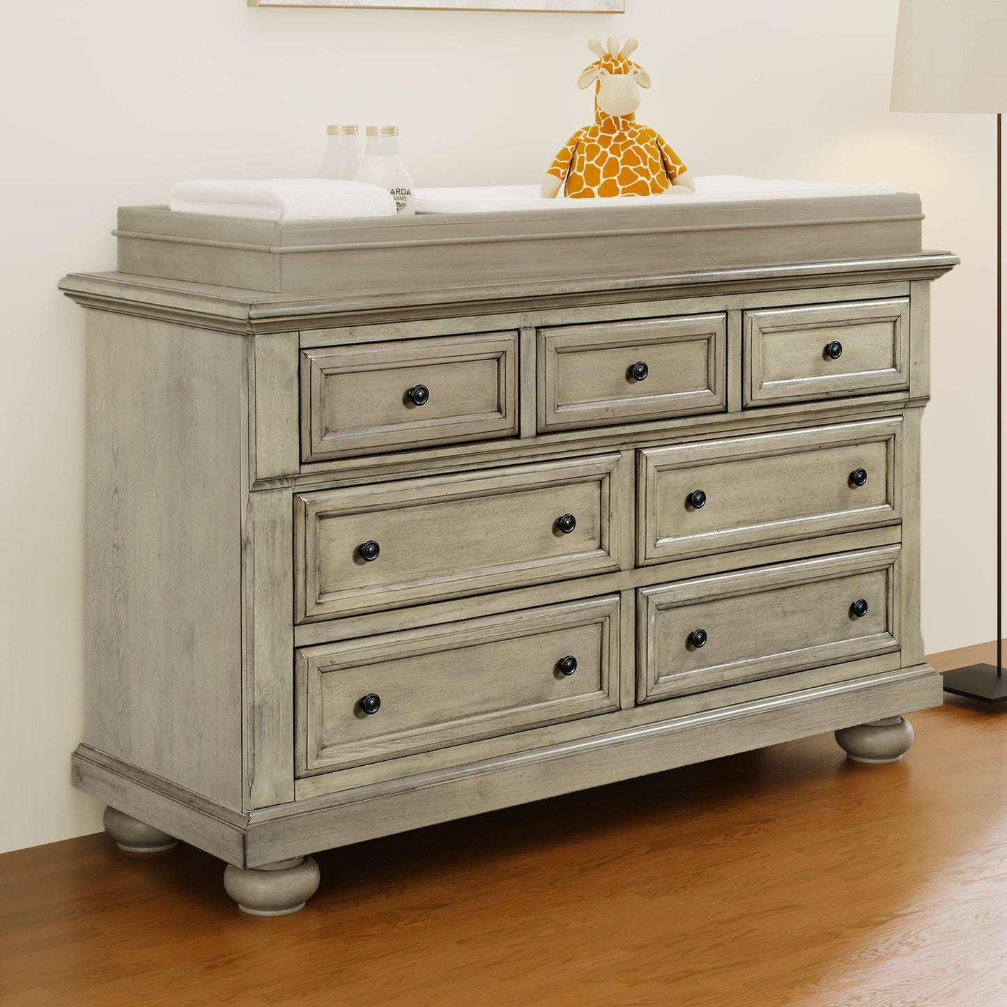Solid Wood Seven-Drawer Dresser with Changing Topper for Nursery, Kid's Room, Bedroom, Stone Gray