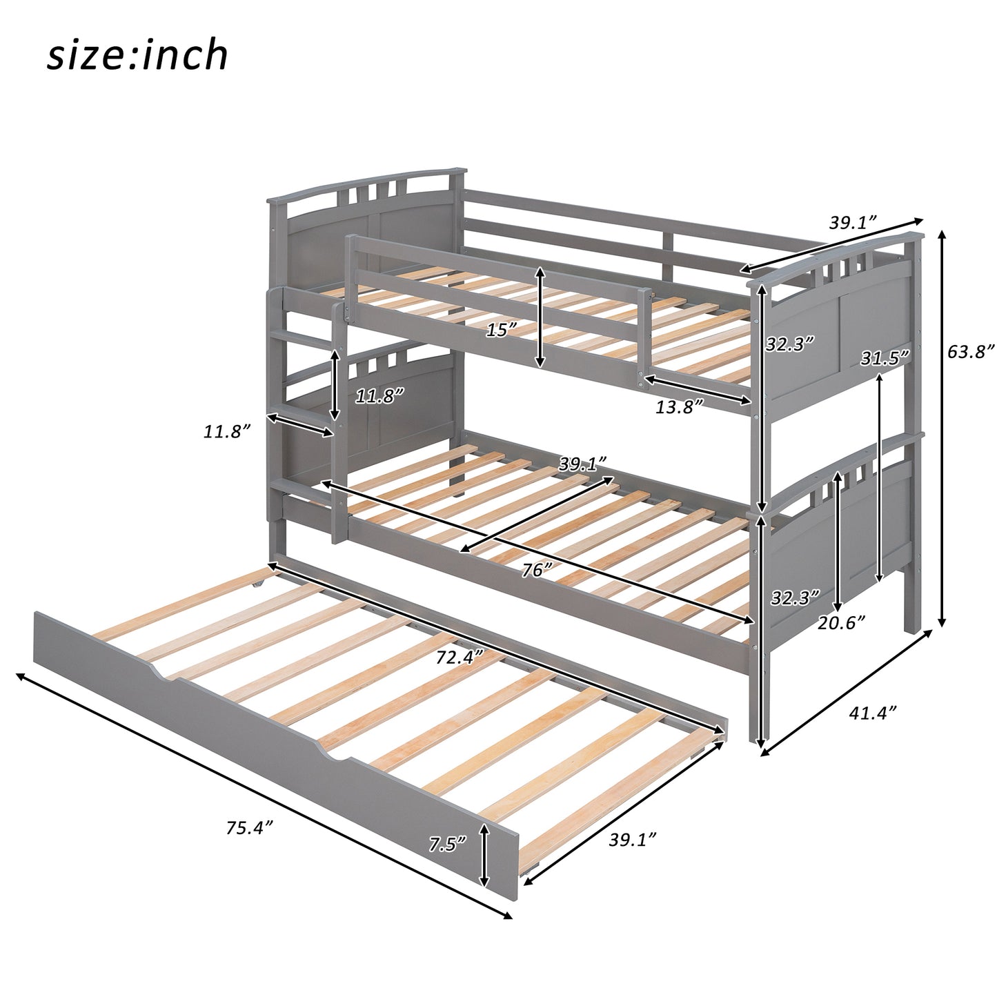 Twin-Over-Twin Bunk Bed with Twin size Trundle , Separable Bunk Bed for Bedroom - Grey