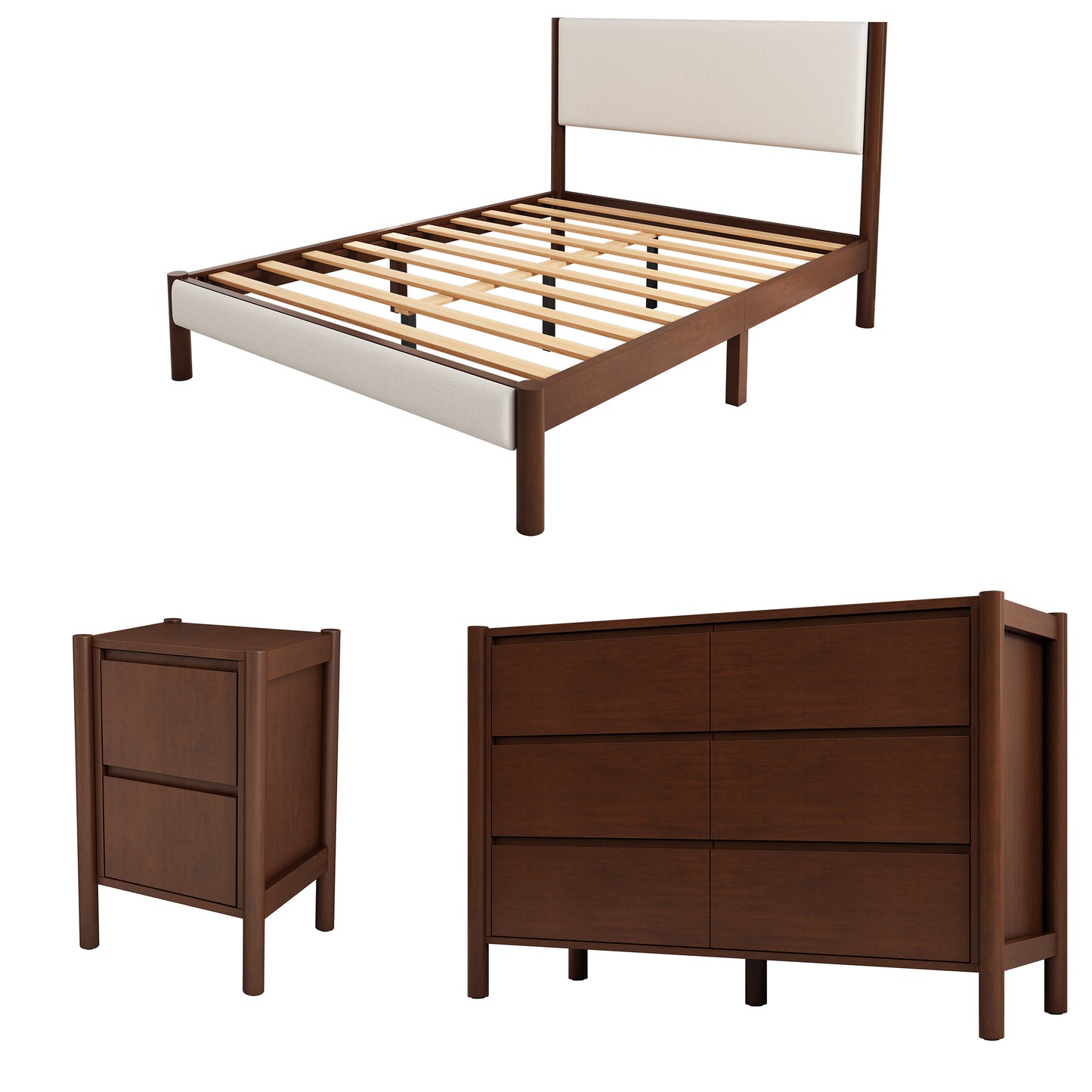 4 Pieces Bedroom Sets Mid Century Modern Upholestery Walnut Wood Frame Queen Platform Bed with Two Nightstands and Dresser