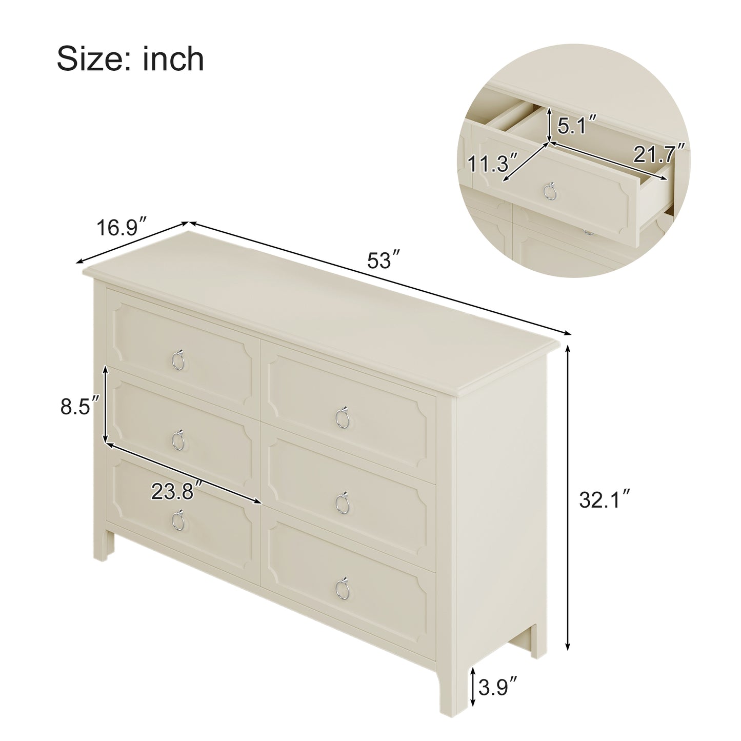 Milky White Rubber Wooden Dresser Six Large Drawers Silver Metal Handles for Living Room Guest Room Bedroom