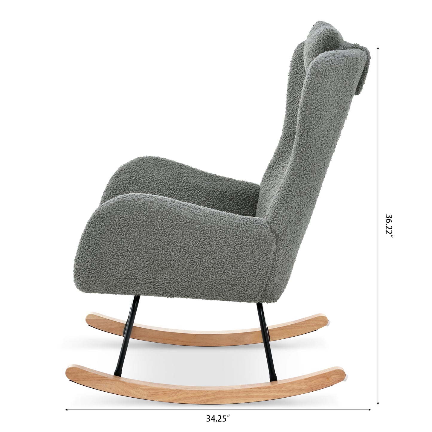 Rocking Chair Nursery, Teddy Upholstered Rocker Glider Chair with High Backrest, Adjustable Headrest & Pocket, Comfy Glider Chair for Nursery, Bedroom, Living Room, Offices, Rubber wood, gray
