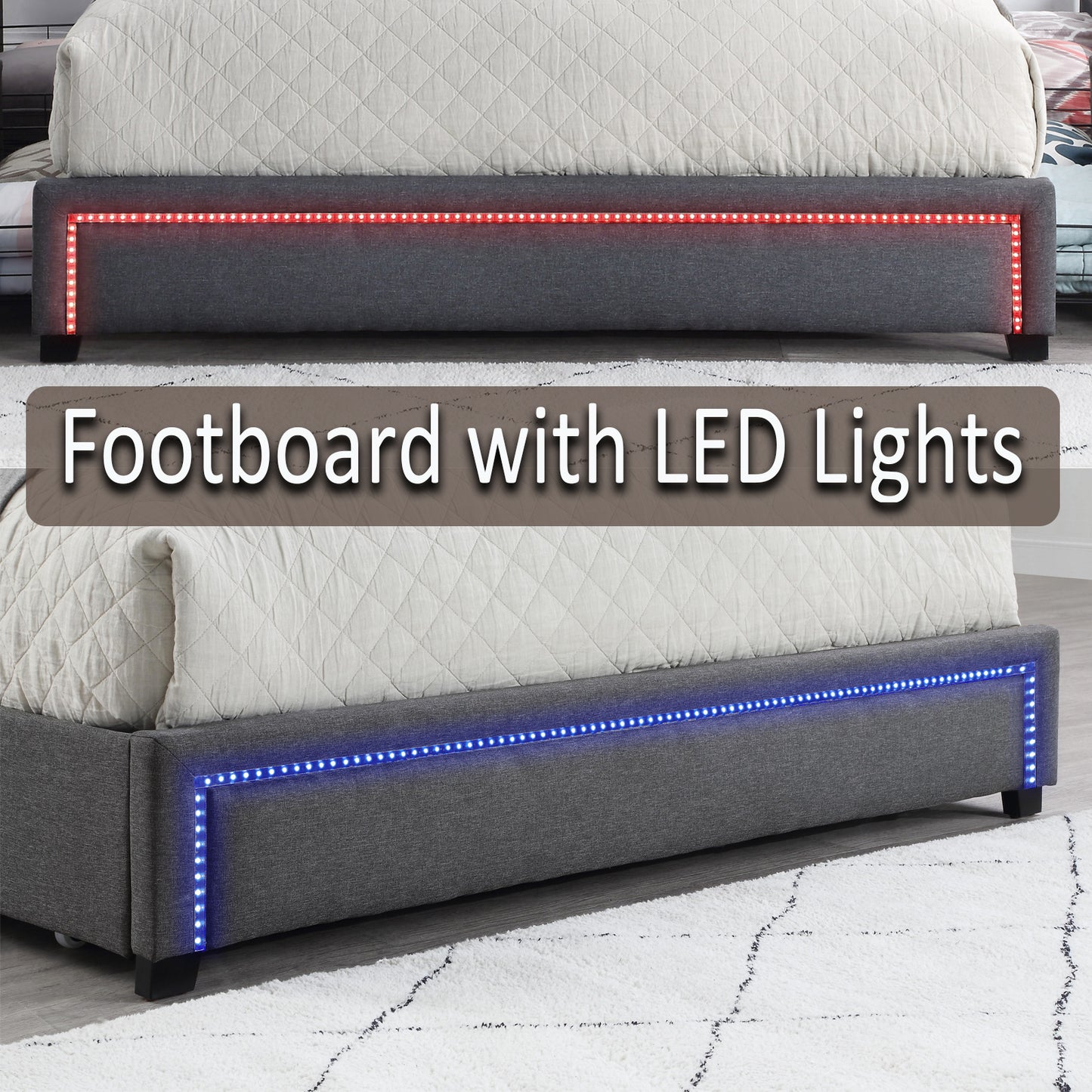 Upholstered Queen Size Platform Bed with LED Lights, Storage Bed with 4 Drawers, Gray color fabric