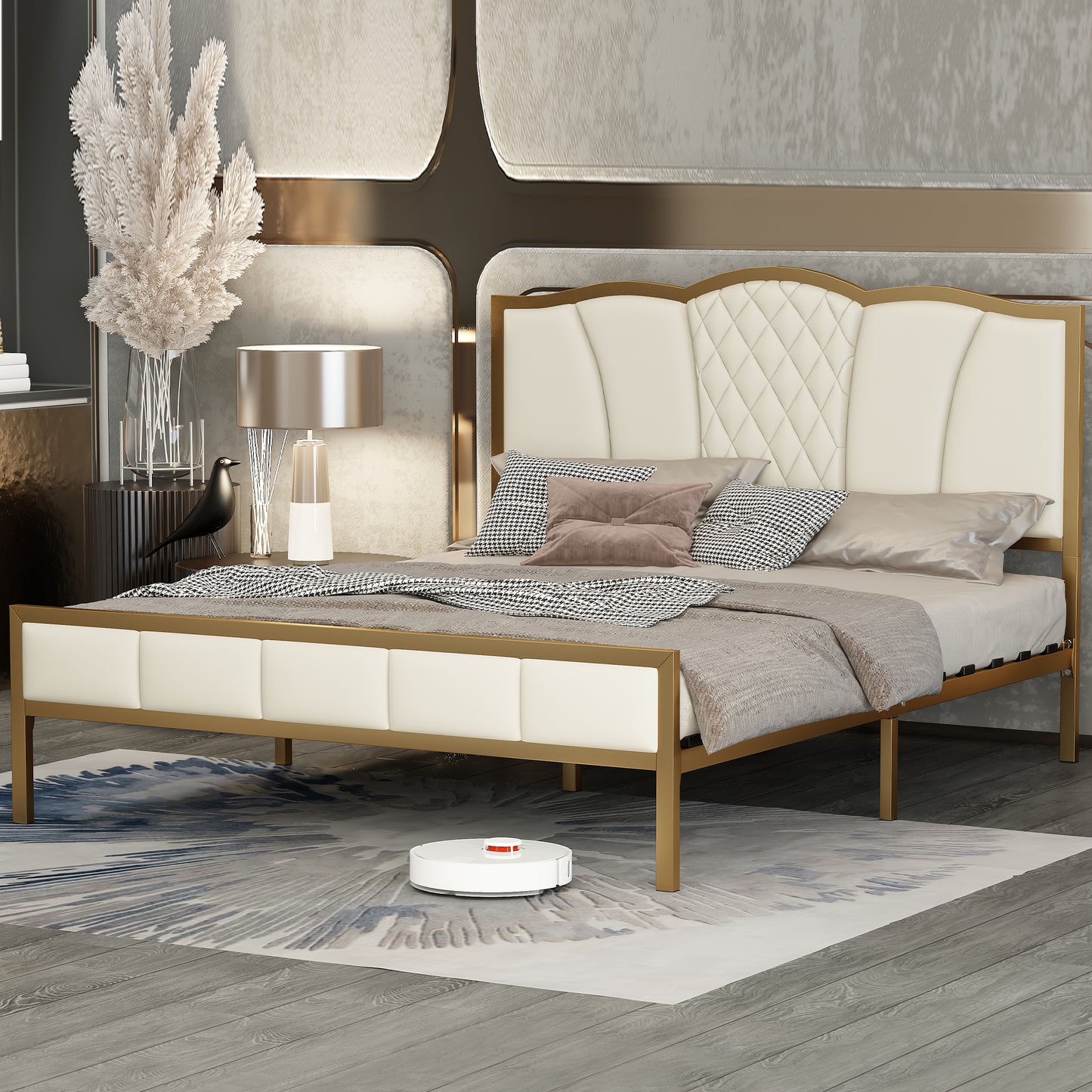 Queen Size Bed Frame, Modern Upholstered Bed Frame with Tufted Headboard, Golden Metal Platform Bed Frame with Wood Slat Support, Noise Free, No Box Spring Needed,Beige