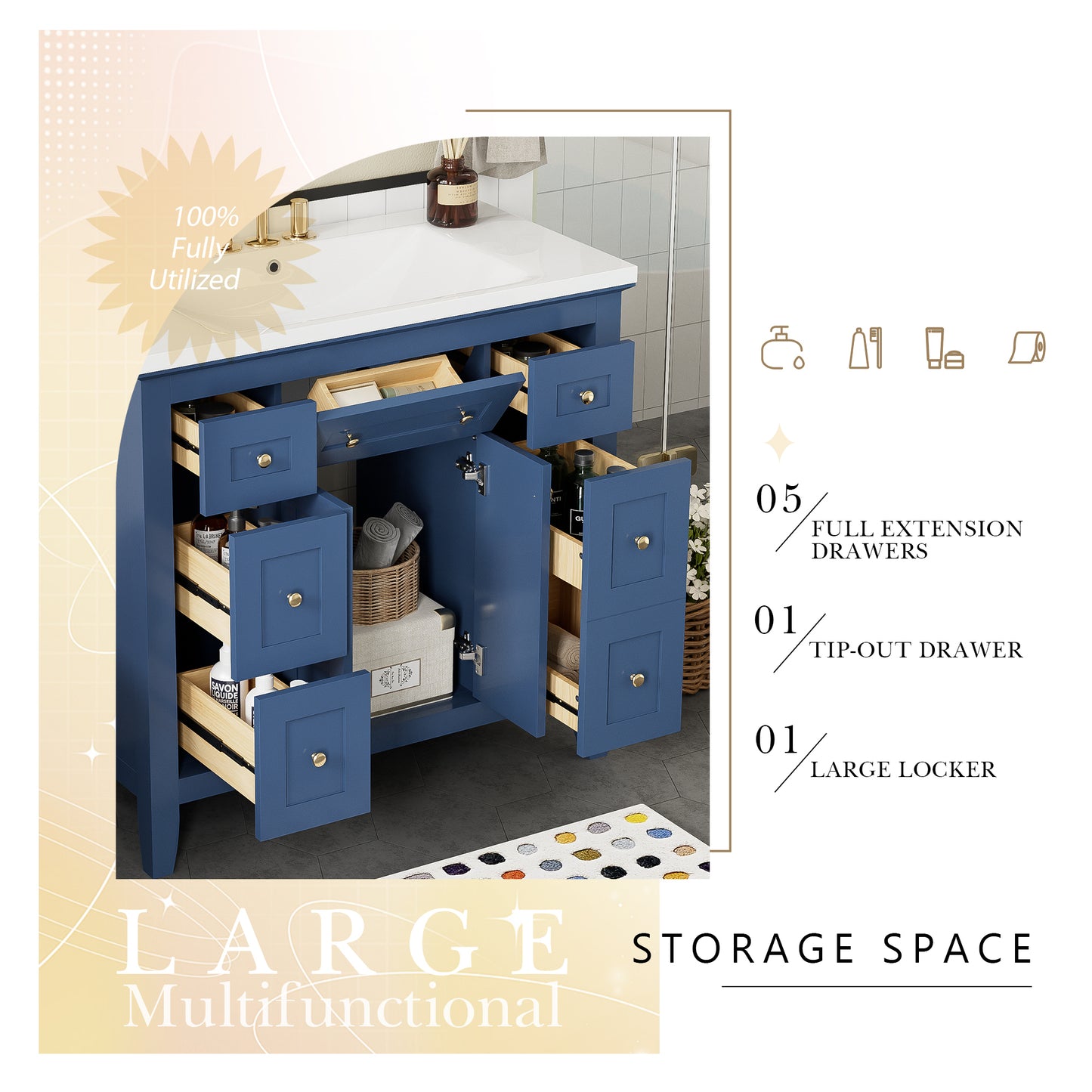 36'' Bathroon Vanity with Resin Sink Combo Set, Modern Freestanding Single Bathroom Cabinet with 6 Drawers & 2 Cabinets, Storage Cabinet for Bathroom, Solid Wood Frame Vanity Set, Blue