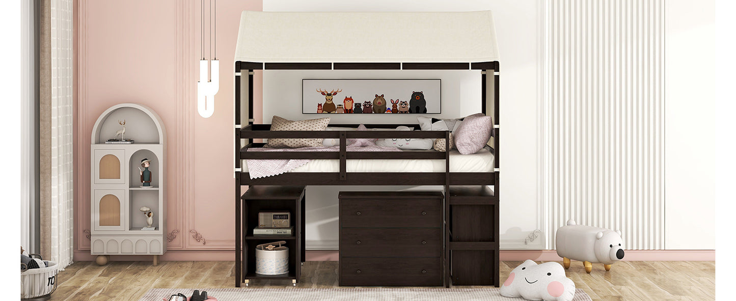 Twin Size Loft Bed with Rolling Cabinet, Shelf and Tent - Espresso