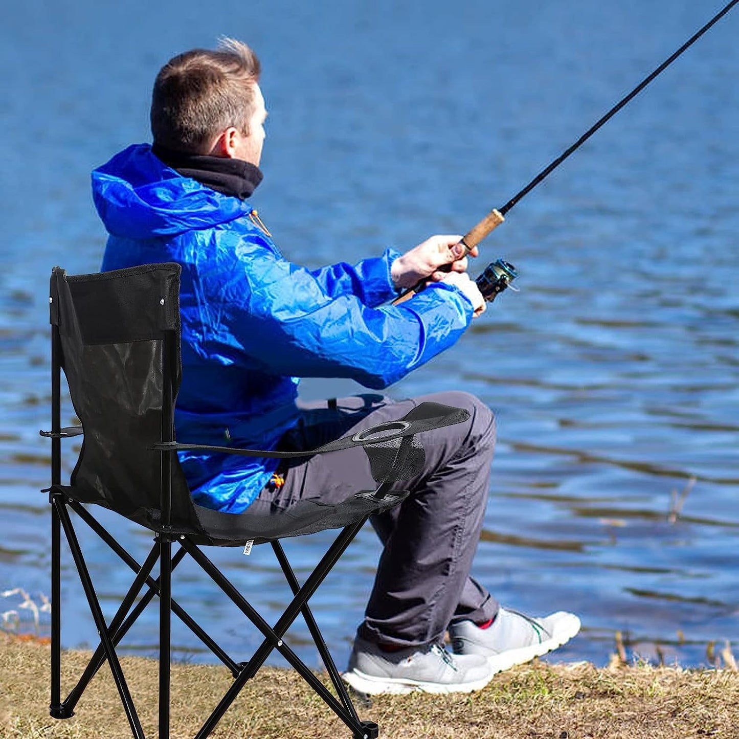 YSSOA Portable Folding Black Camping Chair, 1-Pack