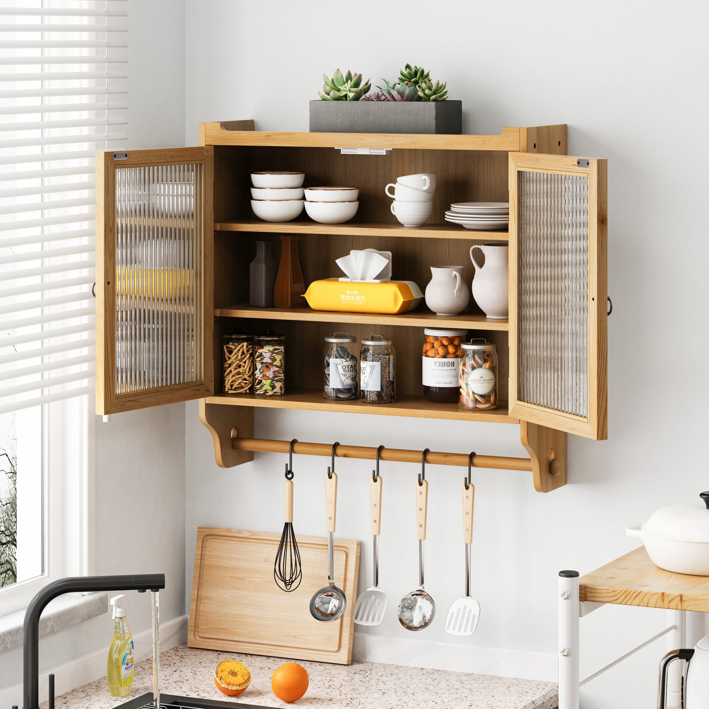 24.8''Glass Door Vintage Double Door Wall Cabinet With Three Tiers of Storage With Towel Rack,for Bathroom, Kitchen,,Dining Room,,Original Wood Color