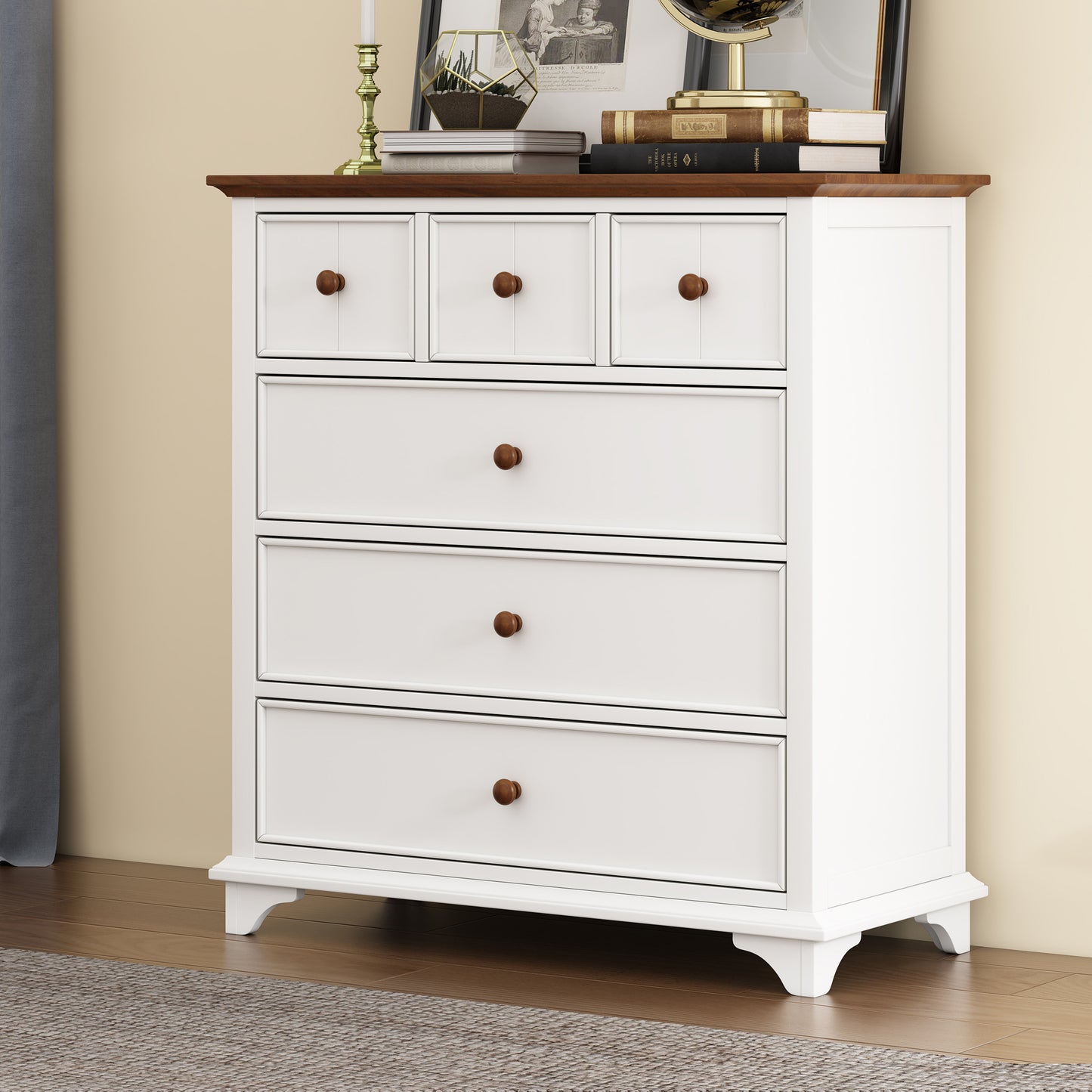 Wooden Captain Six-Drawer Chest for Bedroom, Living Room, Kids' Room, White+Walnut