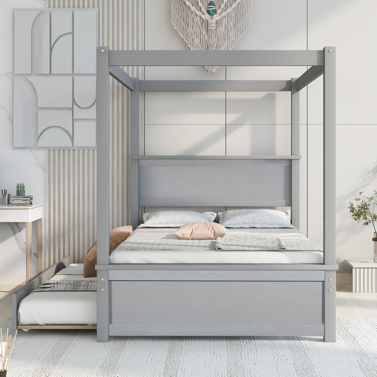 Wood Canopy Bed with Trundle Bed ,Full Size Canopy Platform bed With Support Slats .No Box Spring Needed, Brushed Gray