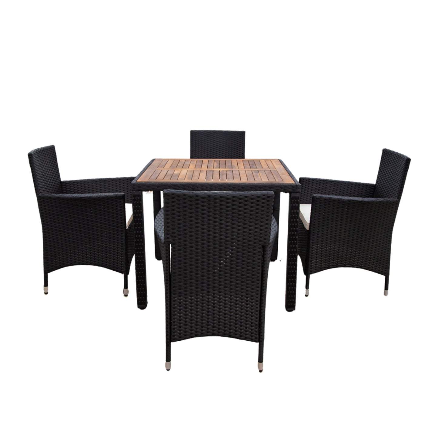 EELIFEE 5 piece Outdoor Patio Wicker Dining Set Patio Wicker Furniture Dining Set w/Acacia Wood Top Black Wicker + Creme Cushion