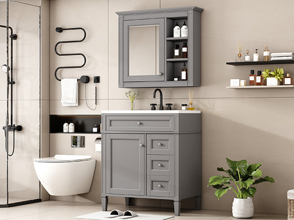 30'' Bathroom Vanity with Top Sink, Modern Bathroom Storage Cabinet with 2 Drawers and a Tip-out Drawer, Freestanding Vanity Set with Mirror Cabinet, Single Sink Bathroom Vanity