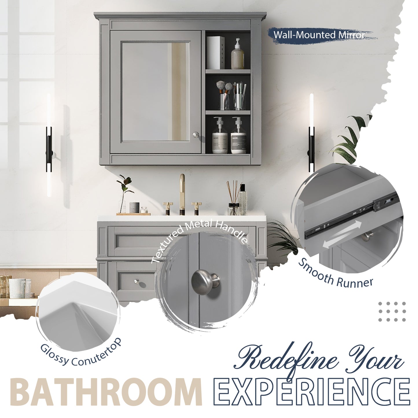30'' Bathroom Vanity with Top Sink, Modern Bathroom Storage Cabinet with 2 Drawers and a Tip-out Drawer, Freestanding Vanity Set with Mirror Cabinet, Single Sink Bathroom Vanity
