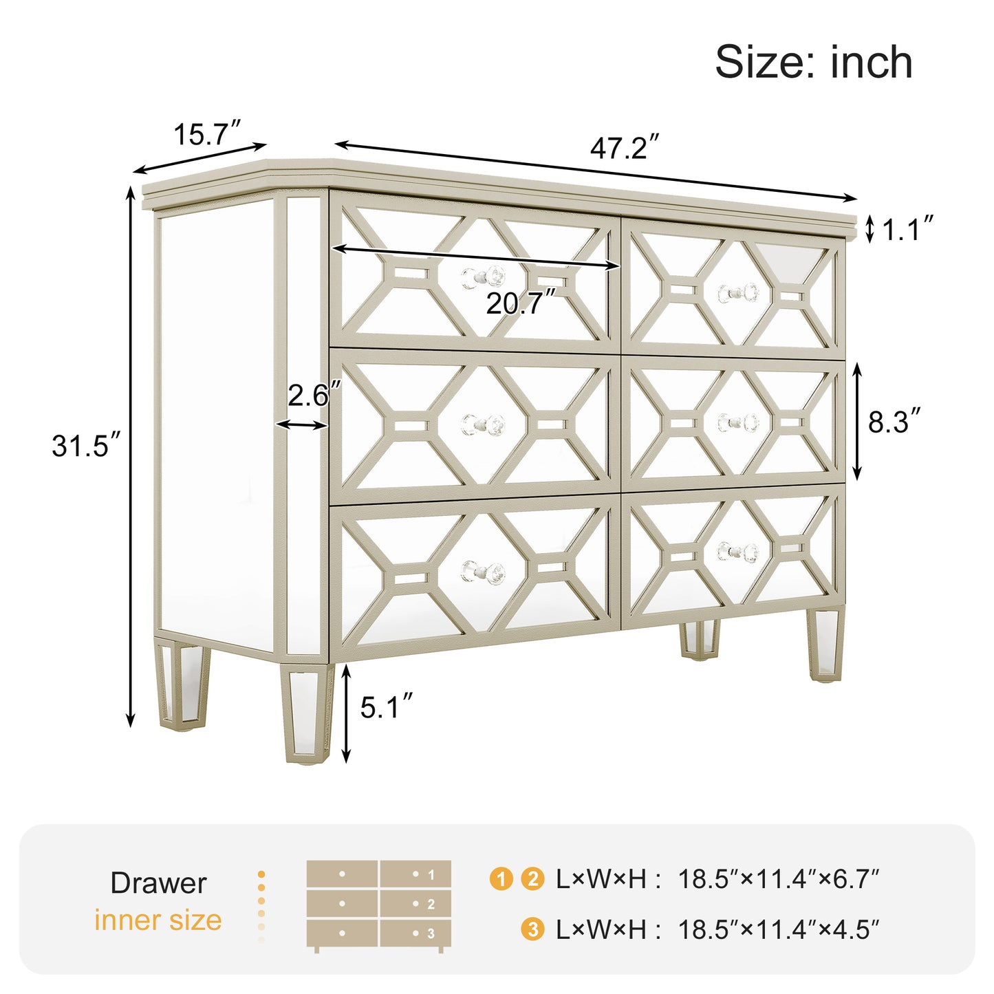 Elegant Mirrored 6-Drawer Dresser with Golden Lines Storage Cabinet for Living Room, Hallway, Entryway