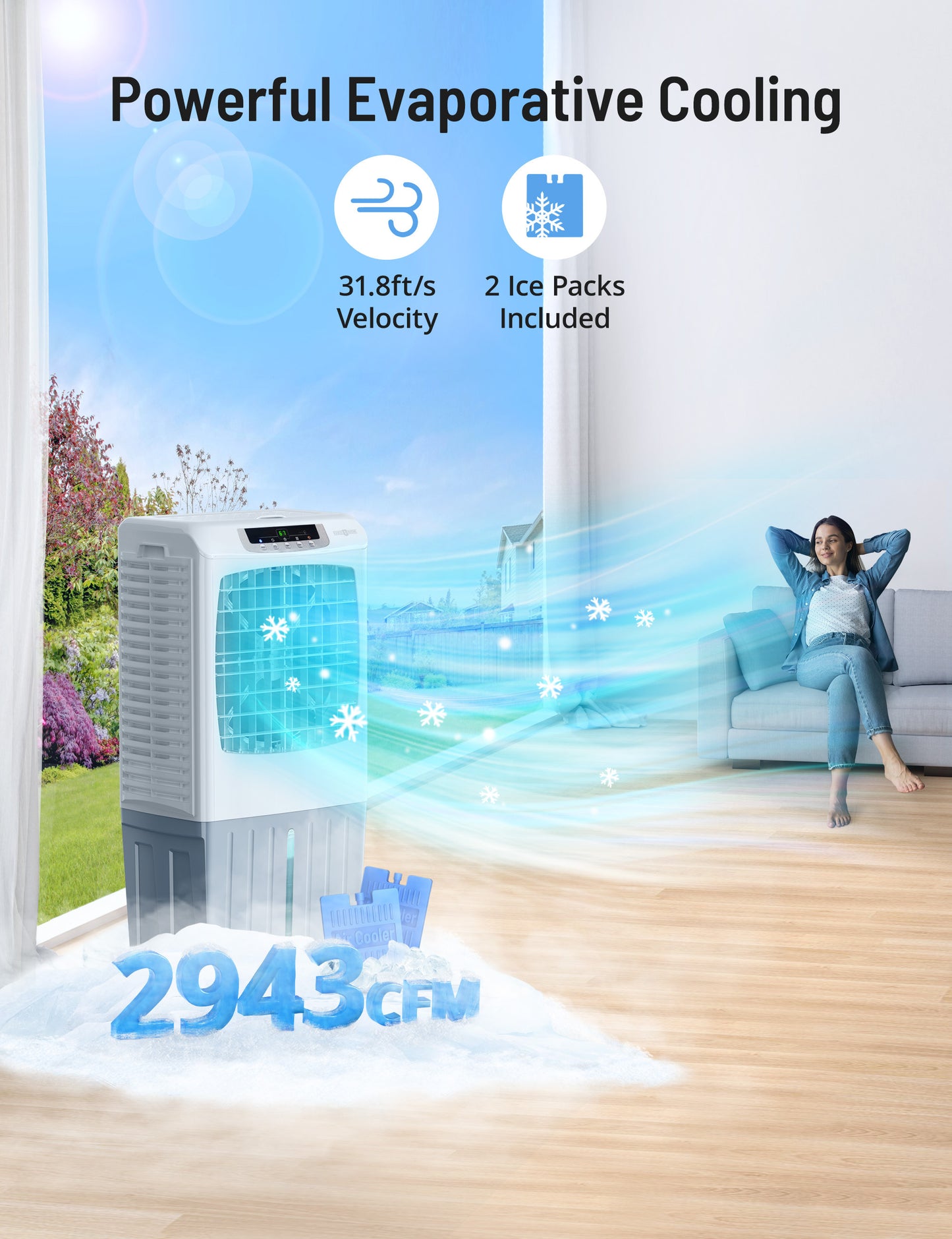 Evaporative Cooler, 2943 CFM Windowless Air Cooler, 120°Oscillation Swamp Cooler with 10.6 Gal Water Tank