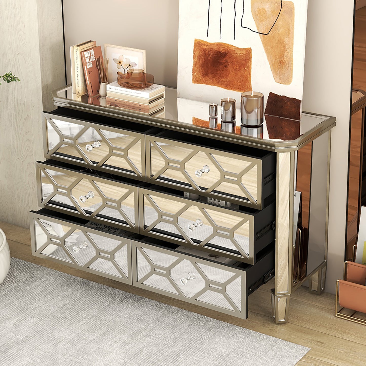 Elegant Mirrored 6-Drawer Dresser with Golden Lines Storage Cabinet for Living Room, Hallway, Entryway