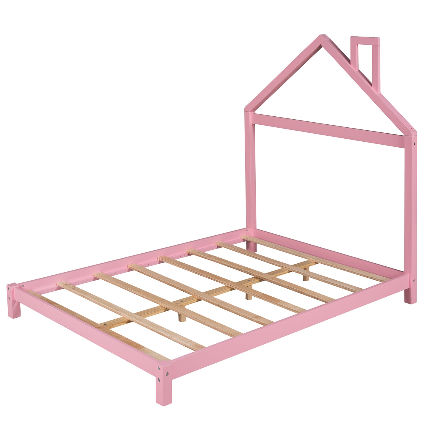 Full Size Wood Platform Bed with House-shaped Headboard (Pink)