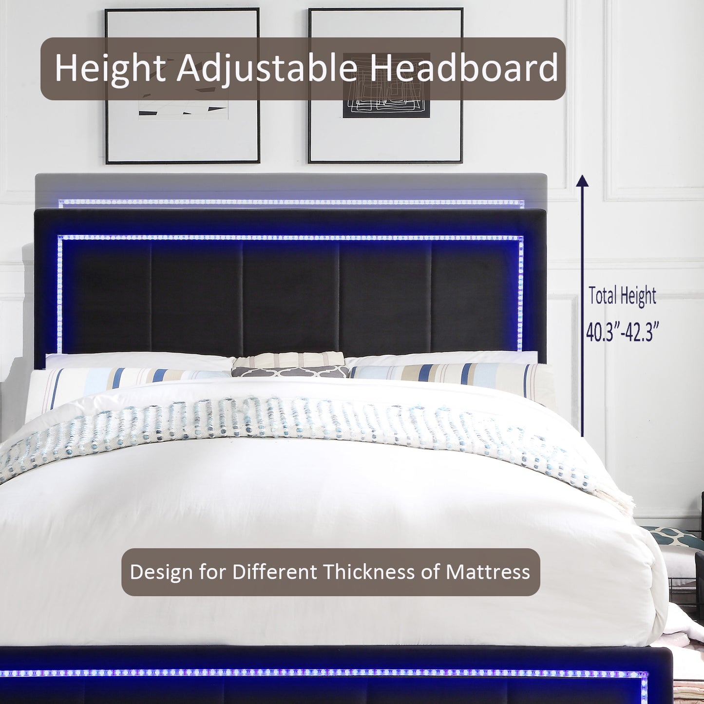 Upholstered Queen Size Platform Bed with LED Lights, Storage Bed with 4 Drawers, Black color fabric