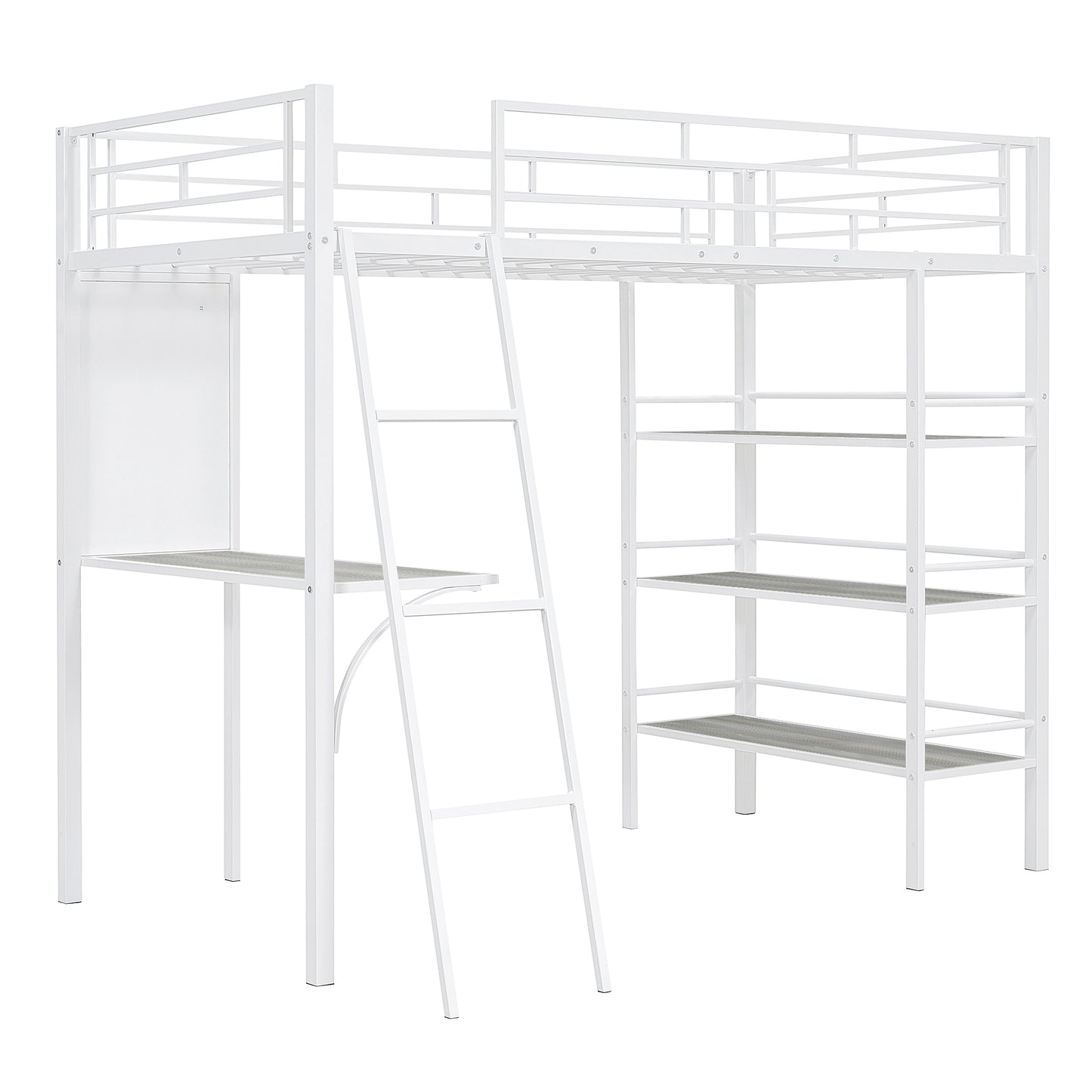 Twin Size Loft Metal Bed with 3 Layers of Shelves and Desk, Stylish Metal Frame Bed with Whiteboard, White