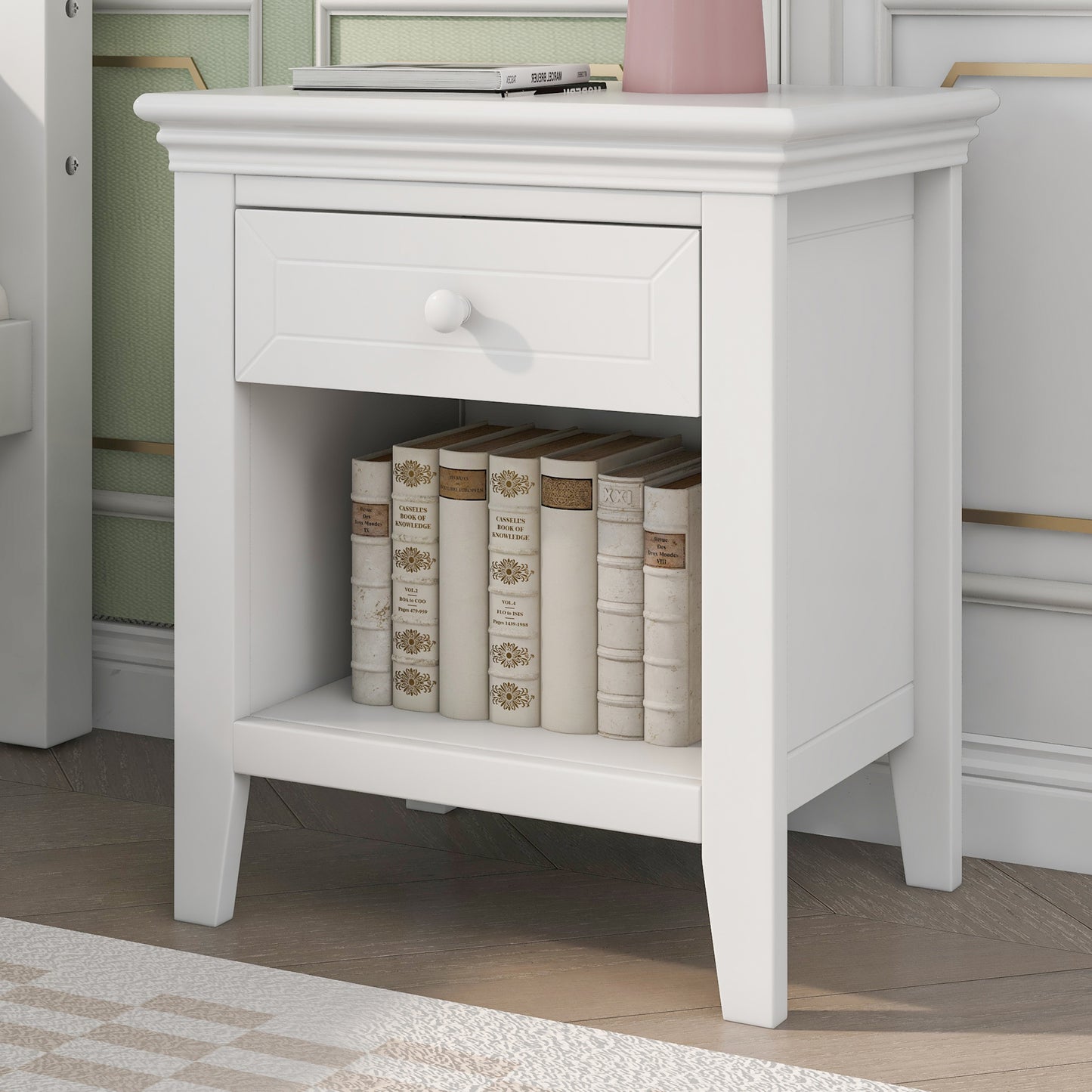 3 Pieces Traditional Concise Style White Bedroom Sets, Nightstand+Chest+Full Bed