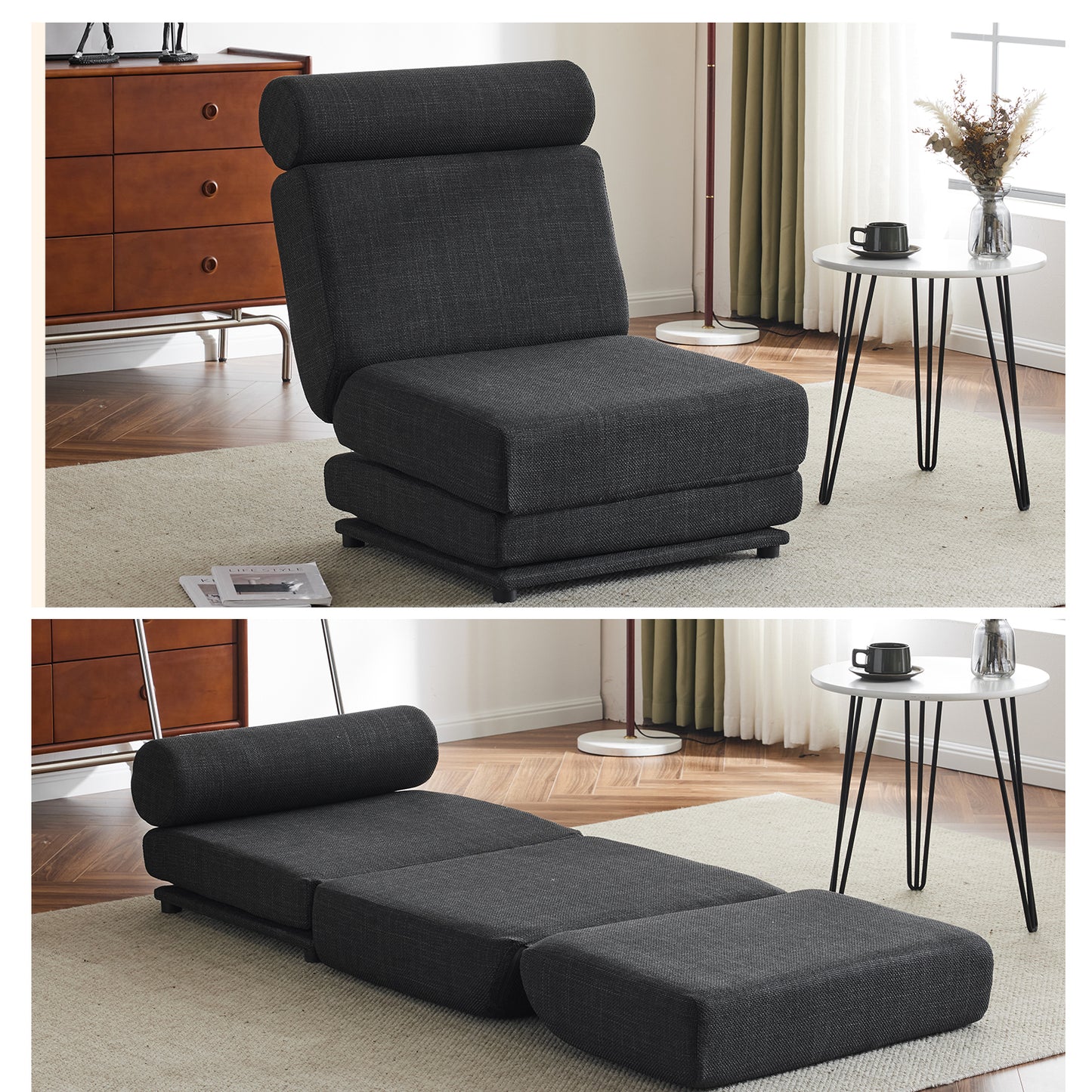 Single Sofa Chair Foldable Single Sofa Bed with Pillow,Portable Foldable Sofa Bed,Leisure Sofa Chair,Easy to Store,Made of Breathable and Wearable Linen,Dark Grey