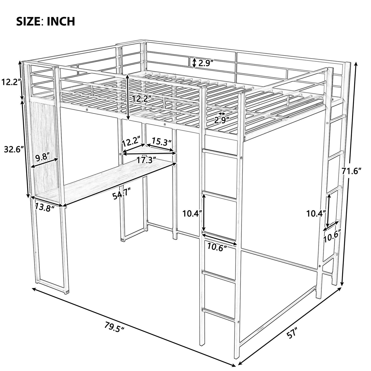 Full Size Metal Loft Bed with 2 Shelves and one Desk ,Silver (Old SKU: LP000191AAN )